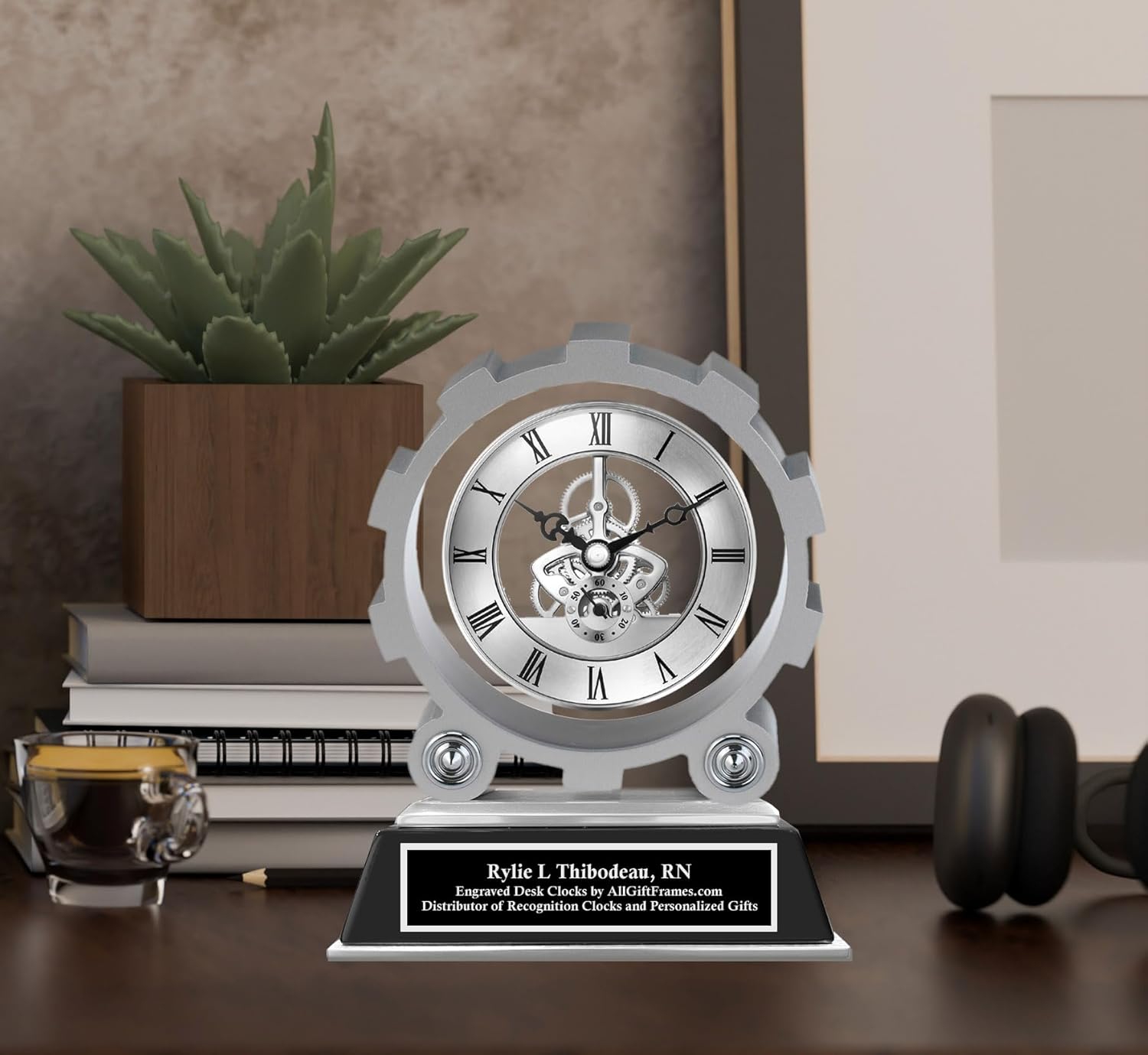 AllGiftFrames Gear Shaped Desk Clock Engraved Etched Engineering Retirement Graduation School Gift Executive Engineer Birthday Employee Service Award Years of Service Month
