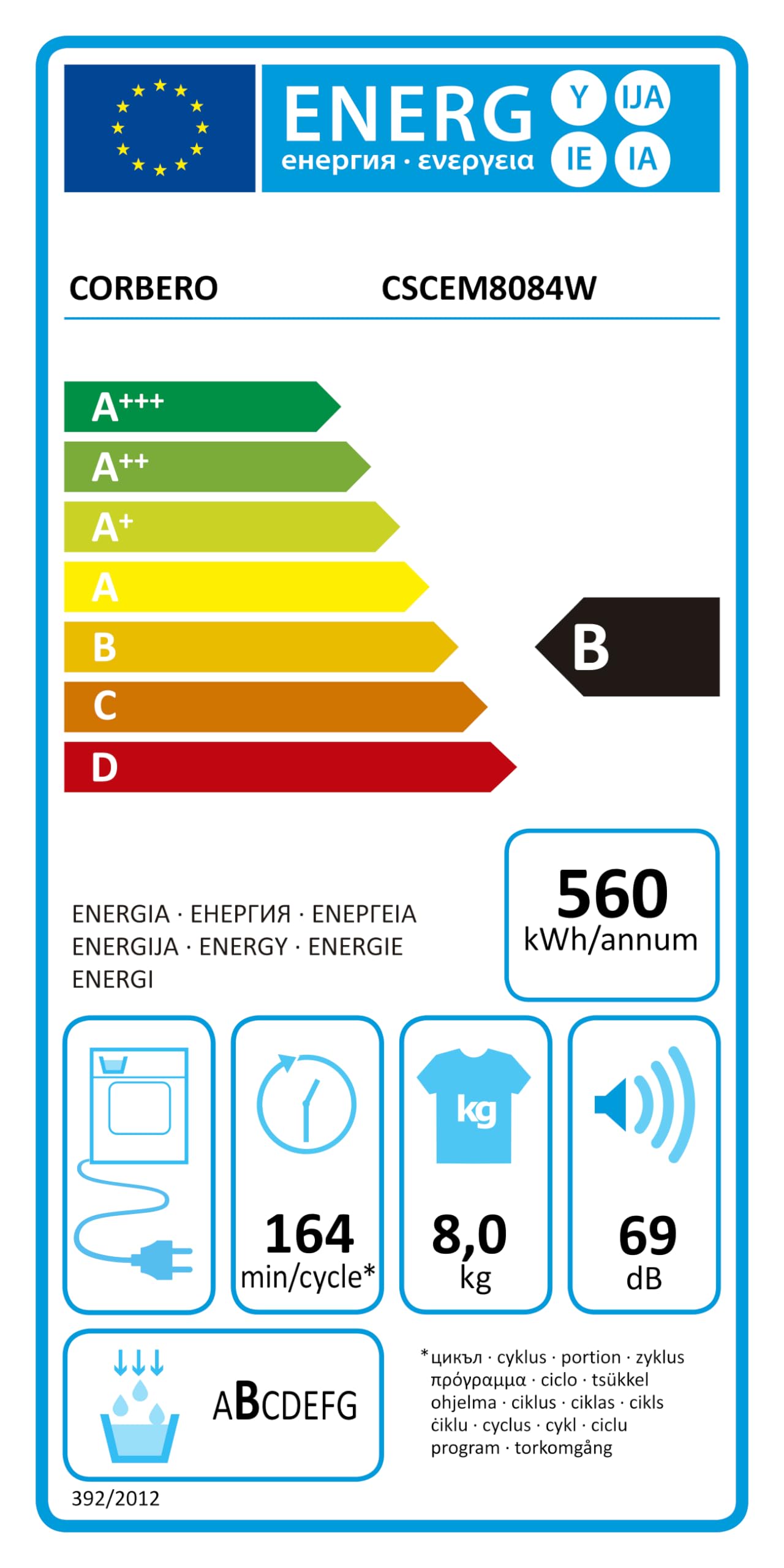 Corberó - Secadora Carga Frontal 8 kg | CSCEM8084W | Condensación | Display LED | 16 Programas | Inicio Diferido | Inicio/Pausa y Antiarrugas | 69dB | E. energética B, Blanco