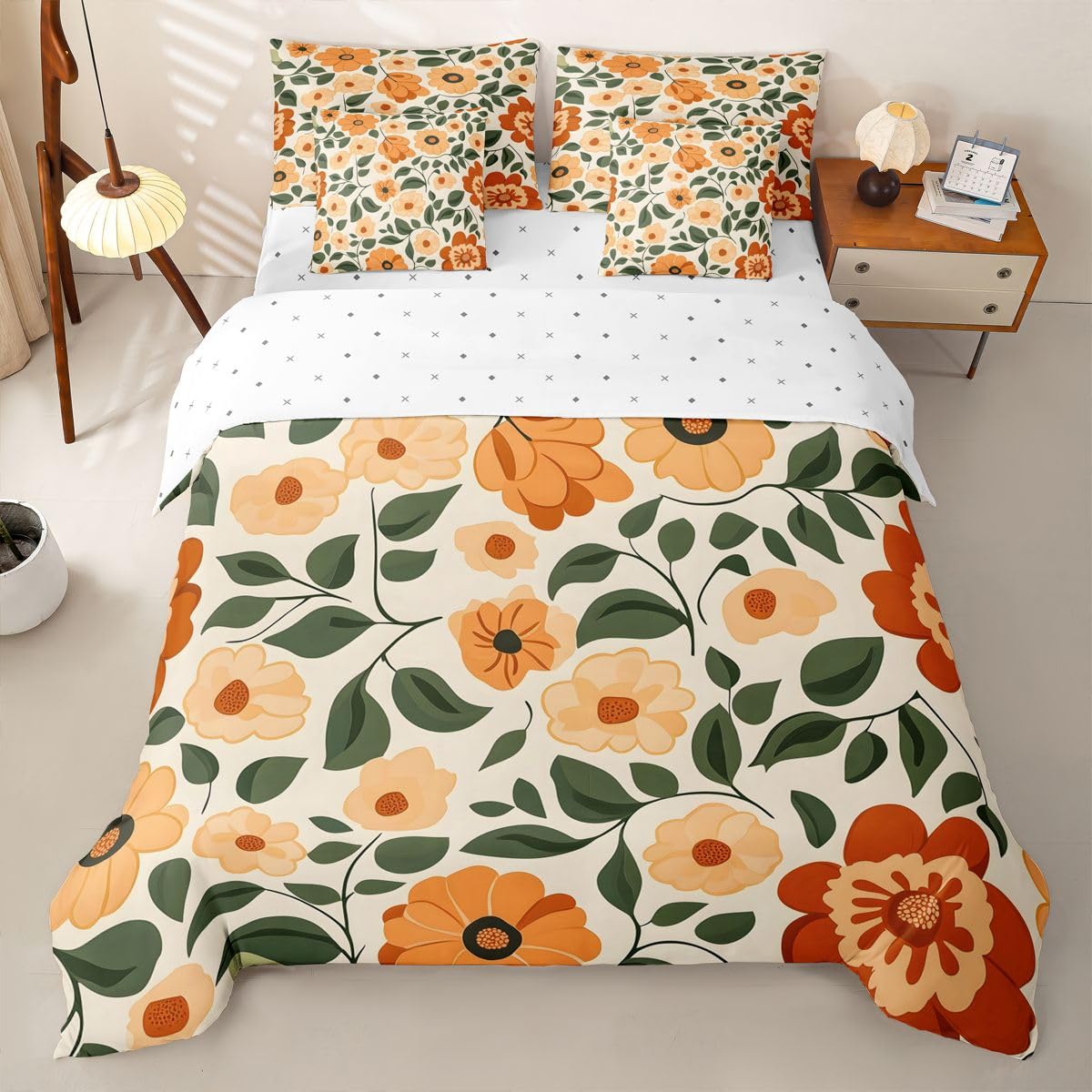 Loussiesd Juego completo de ropa de cama de 7 piezas, diseño floral, tamaño King, color verde, rojo y amarillo, incluye funda de edredón, sábanas, fundas de almohada, fundas de cojín