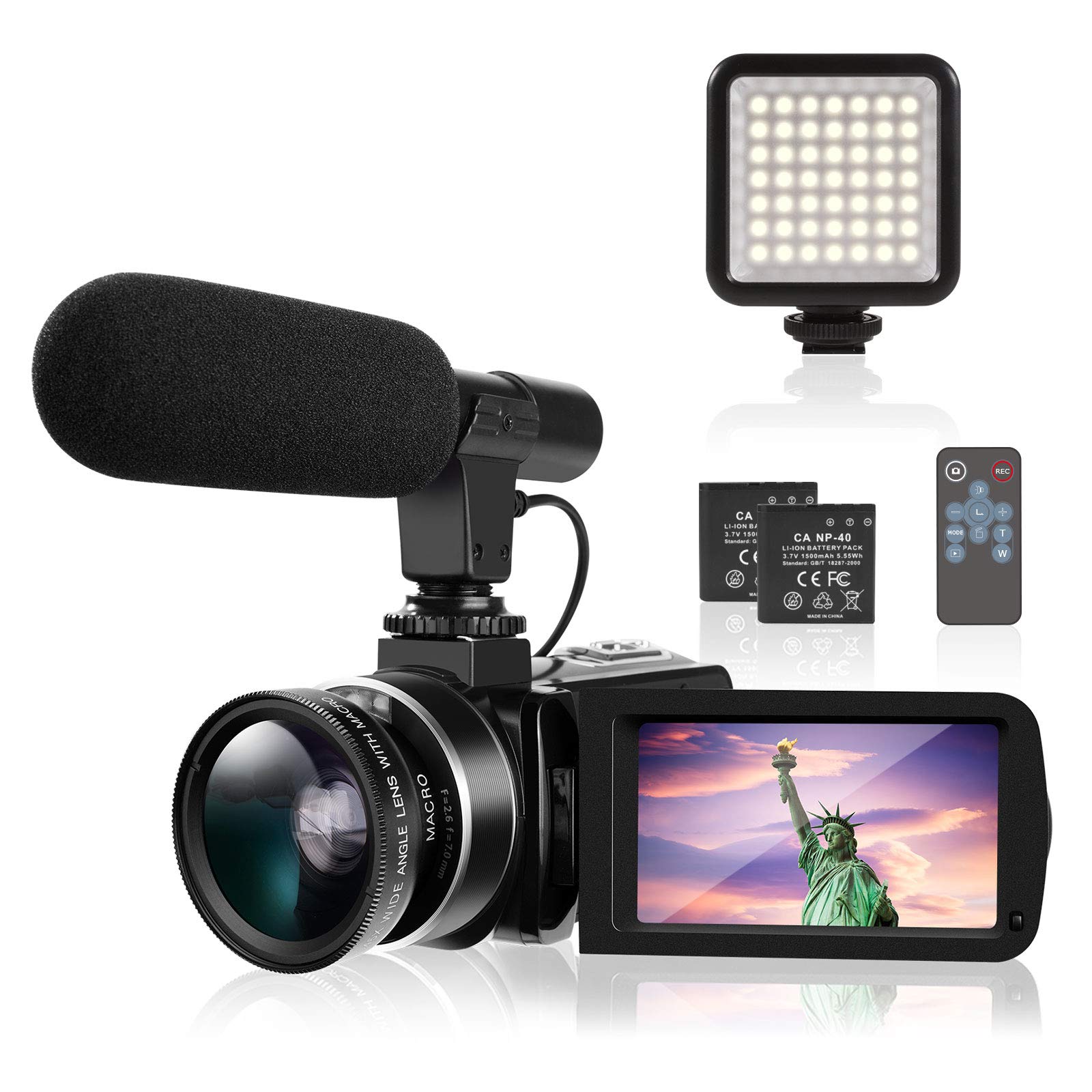 4K Camcorder TYCKA Ultra HD Camcorder Video Camera with Microphone LED Fill Light for YouTube Vlogging 18X 30MP 3.0" IPS Touch Screen Remote Control HDMI Output Zoom Video Recorder, 2 Batteries