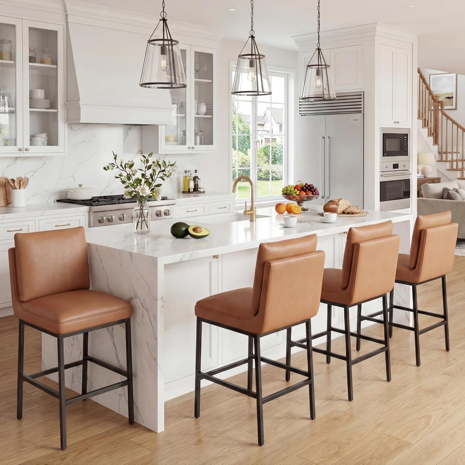 DUOMAY Modern Bar Stools Set of 2, 26.75" Seat Height Counter Height Pub Stools with Metal Legs, PU Leather Upholstered Armless Counter Stools for Kitchen Island Home Bar Dining Room, Brown