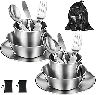 Campingbesteck Set für 2 Personen - Camping Geschirr Set mit Edelstahl Faltbares Klappbesteck & Etui Teller Tasse, Outdoor Reisebesteck, Tragbares Geschirrset für Outdoor Wandern & Picknick