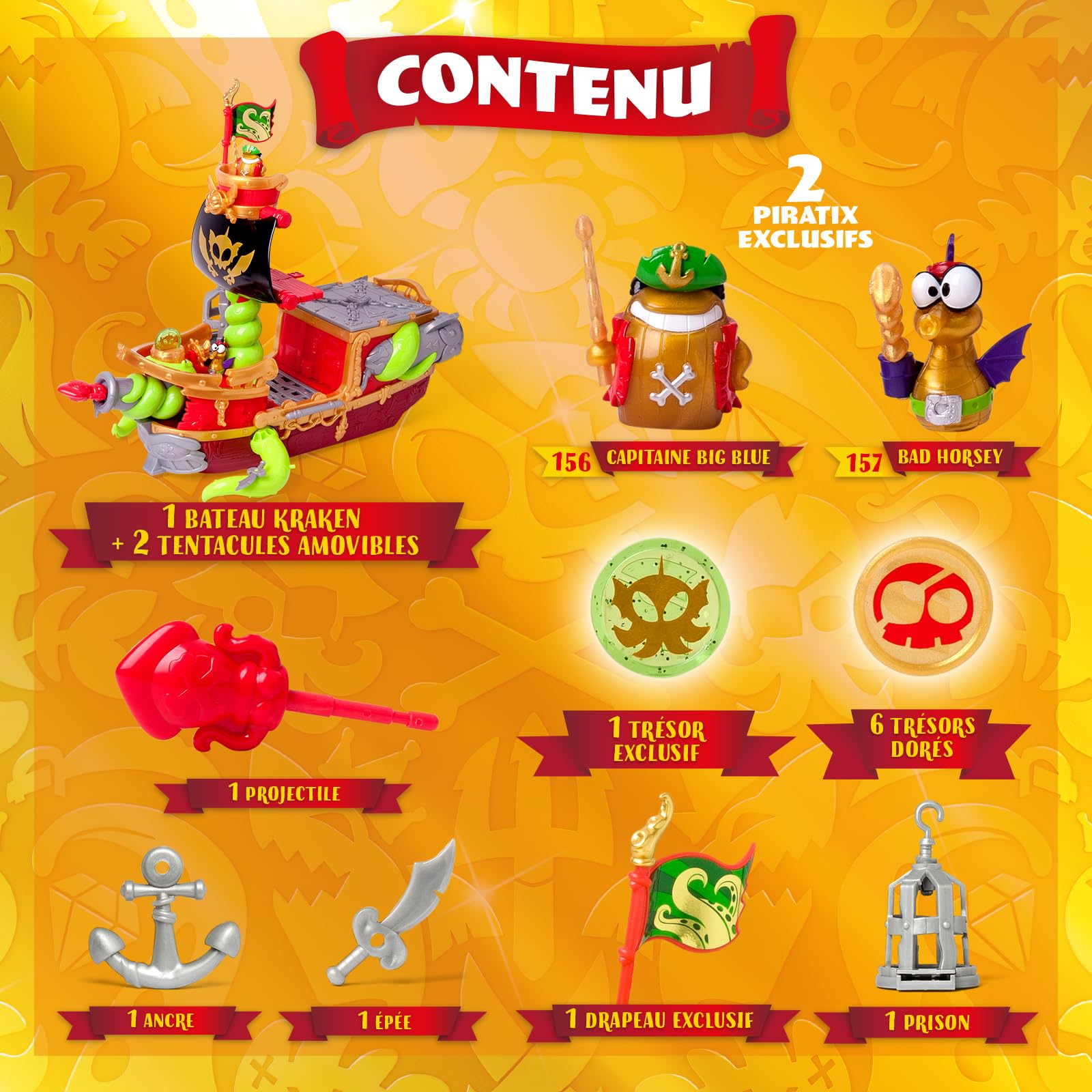 PIRATIX Le Bateau Kraken - Contient 1 Bateau Kraken, 2 Piratix & Accessoires exclusifs, 1 Projectile de Canon, 1 trésor Exclusif, 6 trésors dorés, 1 Drapeau Exclusif, 1 épée, 1 Ancre et 1 Prison.