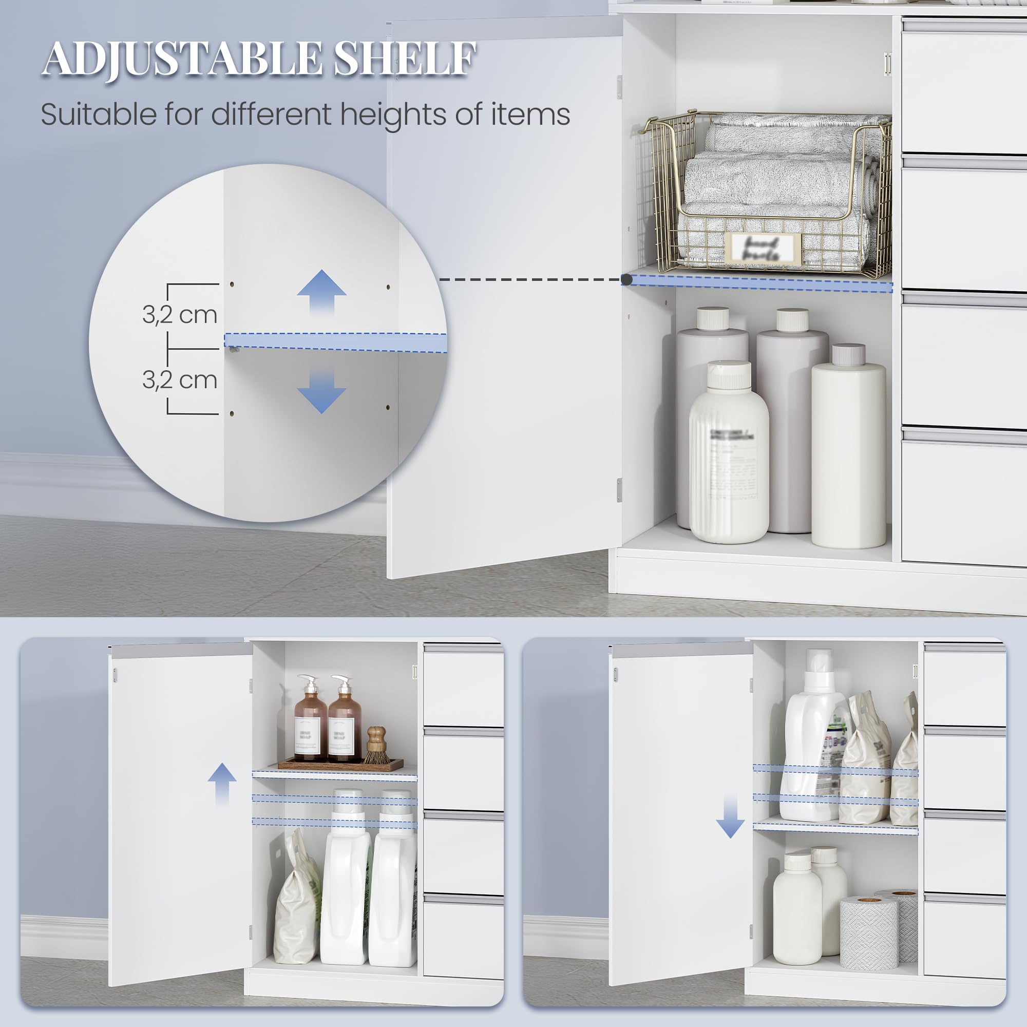 HEXCELEN Mobile da Bagno, Armadietto Autoportante, con 4 Cassetto e Ripiano Regolabile, Armadietto da Salvaspazio con Cassetto Spazioso, per Bagno, Soggiorno, Corridoio, Bianco, 30 x 80 x 110 cm