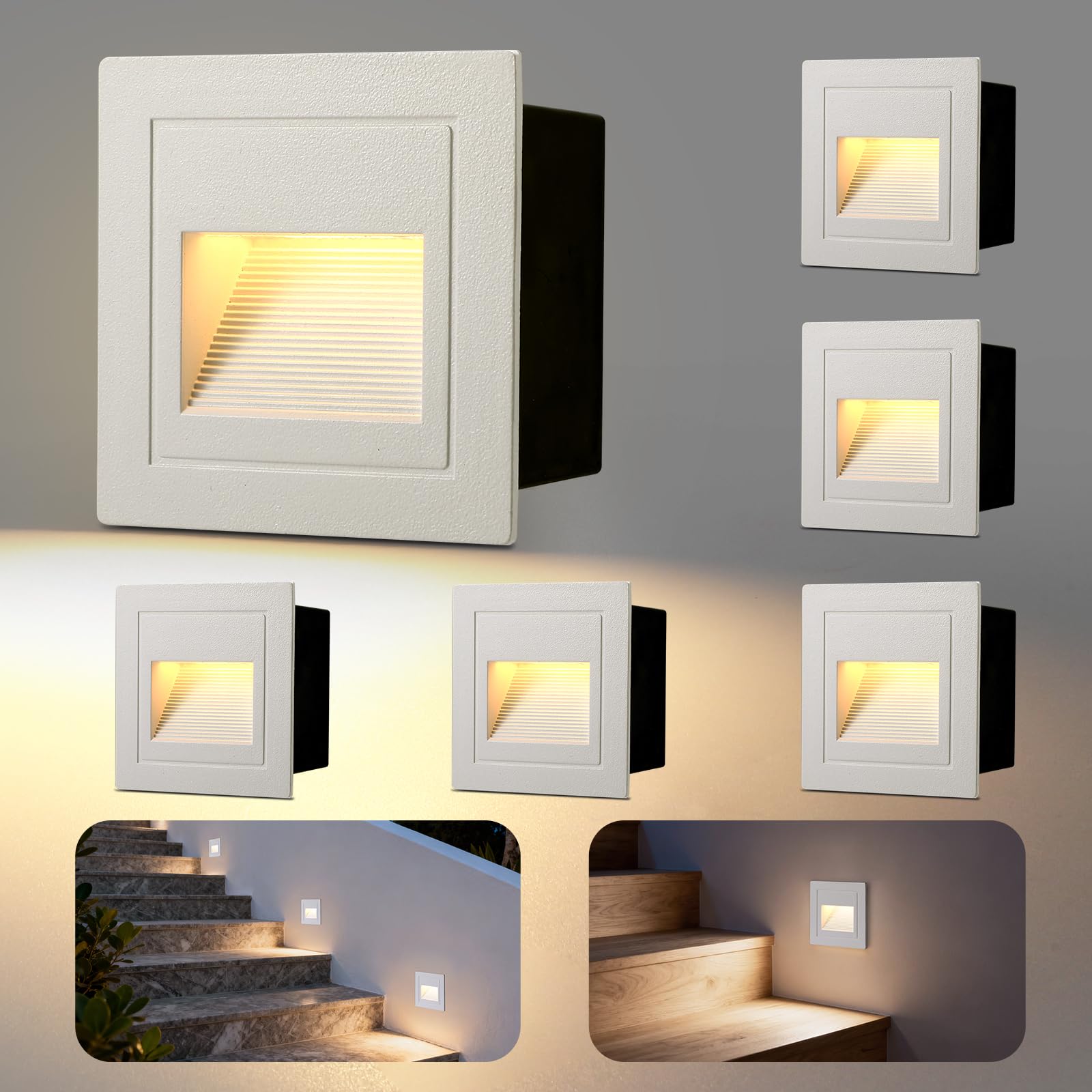 VivaLet 6 Stück LED Treppenbeleuchtung 3W 300LM, Treppenlicht Innen 230V 3000K, IP65 Treppenstufenbeleuchtung Außen Aluminium, Unterputzdose 68mm, 85 x 85mm, Stufenbeleuchtung Treppe Weiß