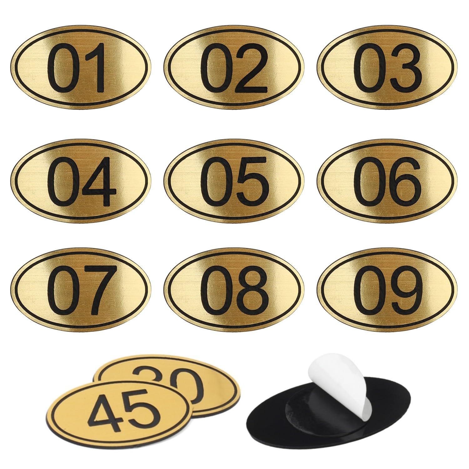NanTun 200 Sets ABS Engraved Golden Oval Table Numbers Locker Tags with Double-Sided Tape - 1 to 200