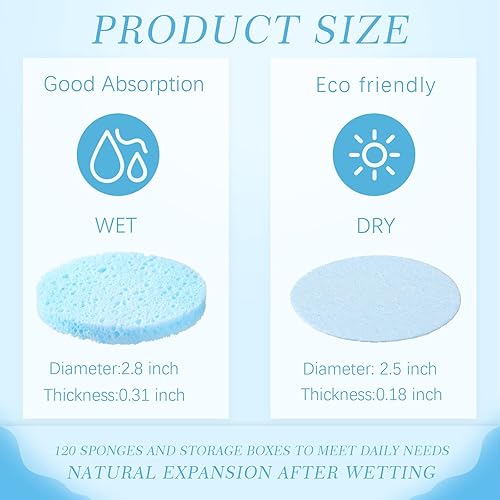 Vista 51 de Sieral 120 esponjas faciales comprimidas, esponjas faciales naturales desechables, almohadillas redondas suaves con recipiente para lavar la cara