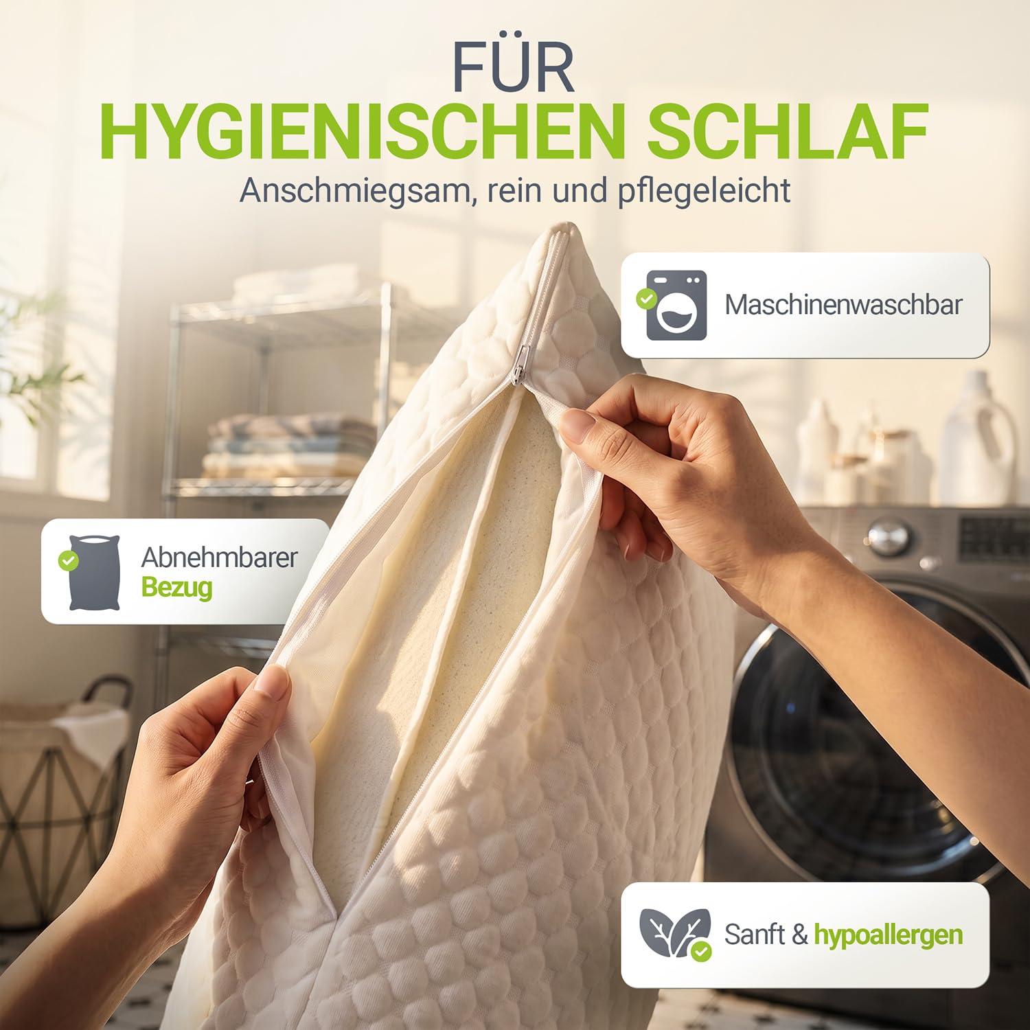 Juskys Kopfkissen 2er Set 40x80 cm – Memory Foam Kissen mit atmungsaktiver Füllung & waschbarem Bezug – Weiß