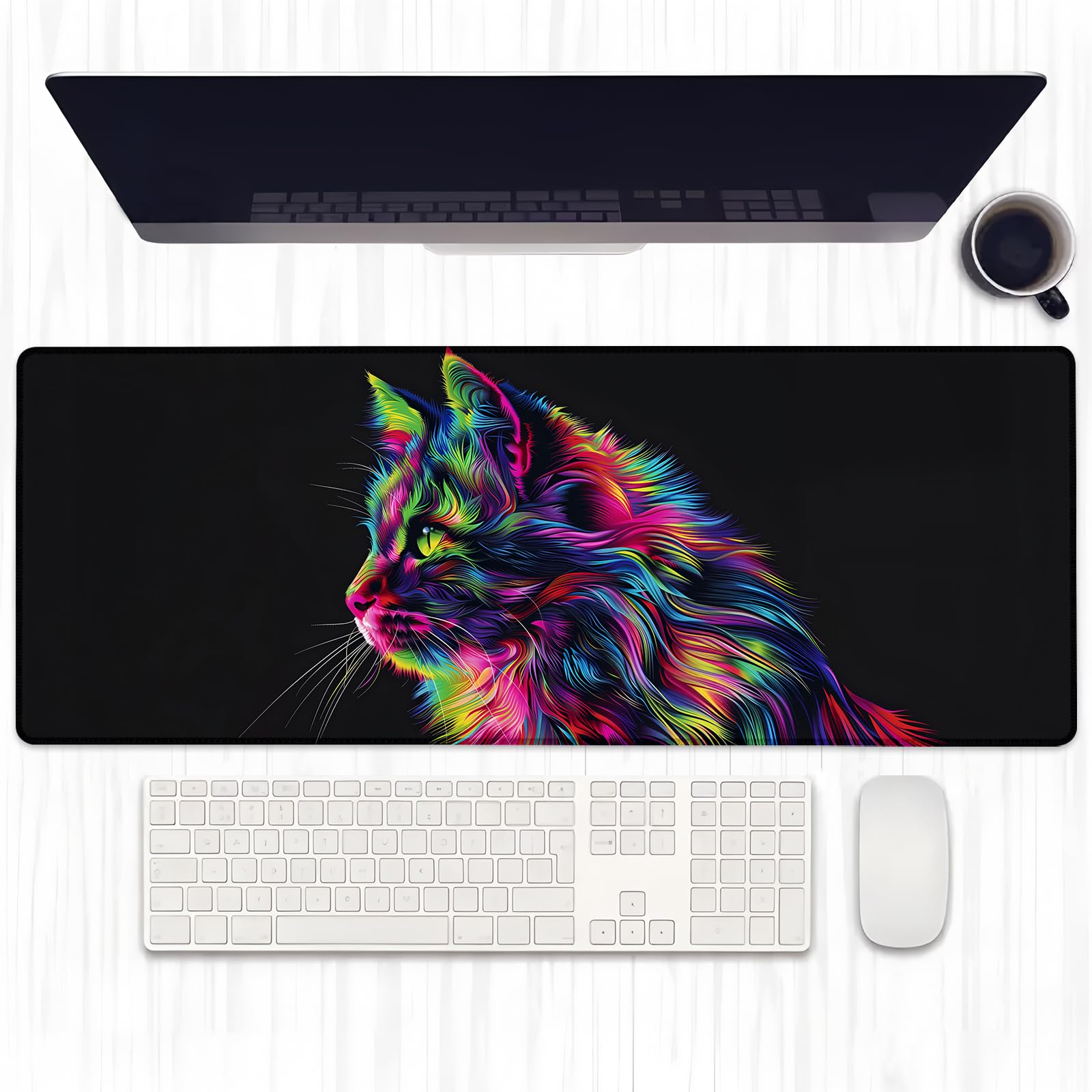Ti Caldi Art Cat Gaming Mouse Pad, Extended Aesthetic Cats Design Desk Mat Computer Laptop Mousepad, Robust Stitched Edges, 31.5"×11.8" Large Office Keyboard Kitten Mouse Pads for Home Desktop Decor