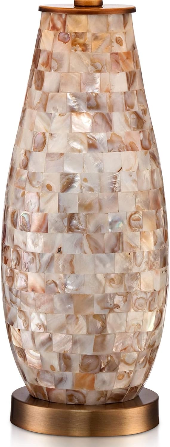 Lіmіtеd Stосk Kylie Country Cottage Coastal Table Lamps 26.5 High Set of 2 Mother of Pearl Tile Vase Beige Fabric Drum Shade Decor for Living Room Bedroom House Bedside Nightstand Home - Regency Hill