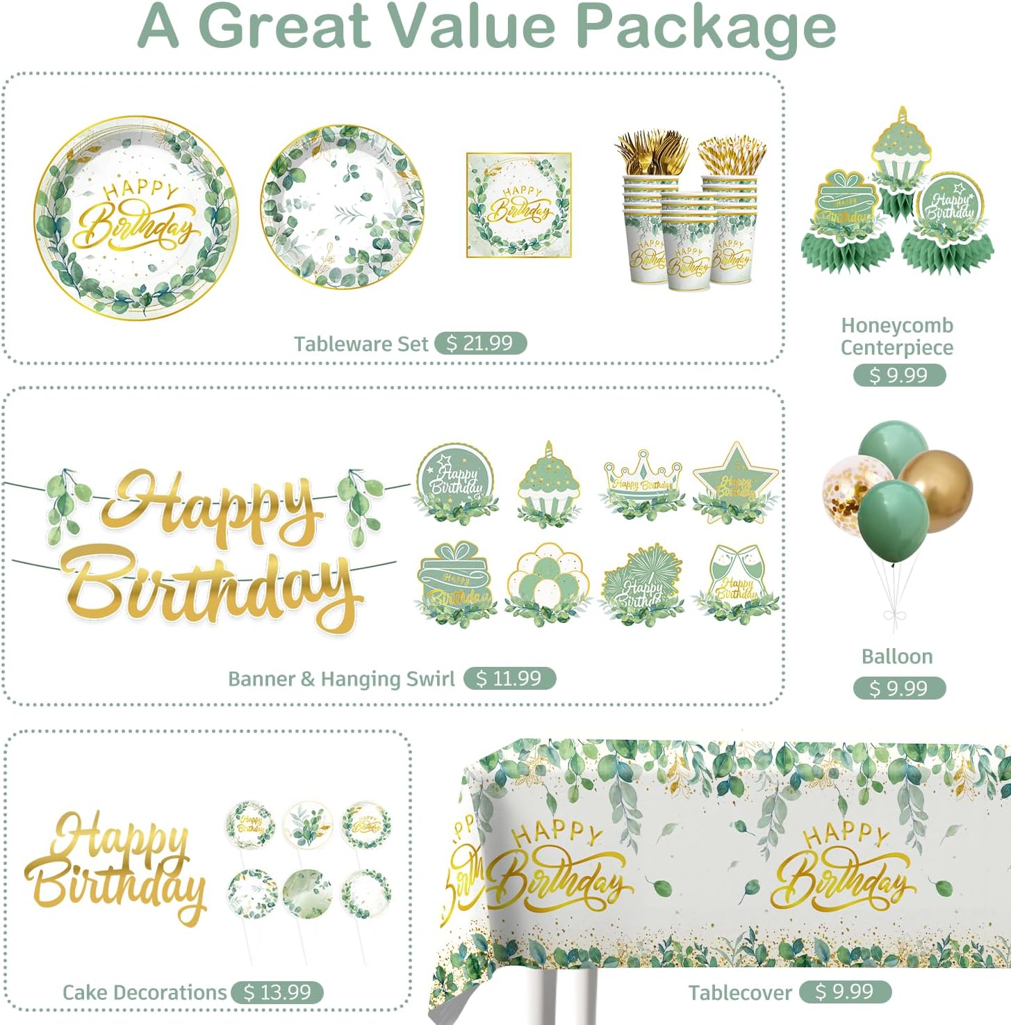 362 pcs Sage Green Birthday Decorations Plates and Napkins Set, Gold and Green Eucalyptus Flowers Birthday Banner Balloons Cake Topper Greenery Tablecloth Decorations Sage Green Serve 50 Guests