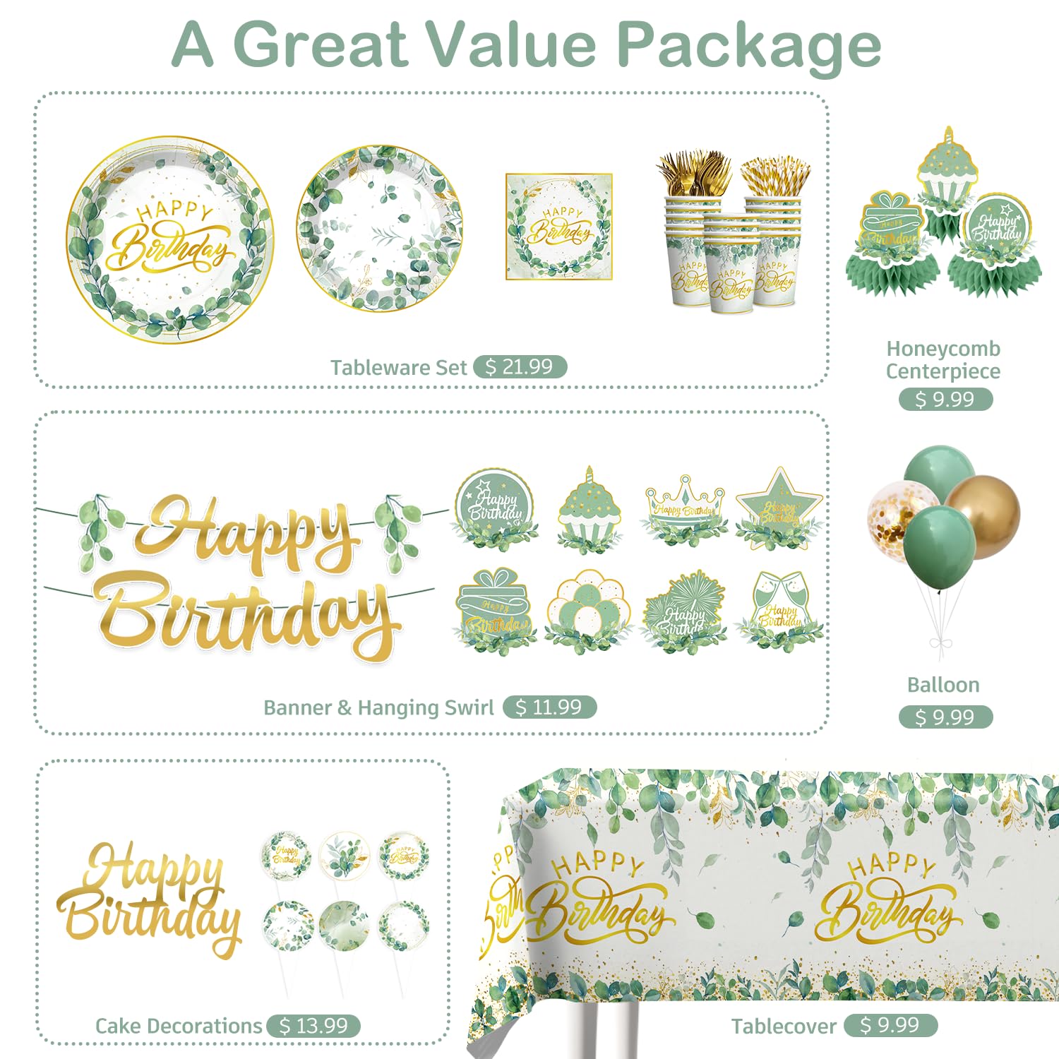 Sage Green Birthday Plates & Decorations -3 Sage Green Birthday Plates & Decorations -3