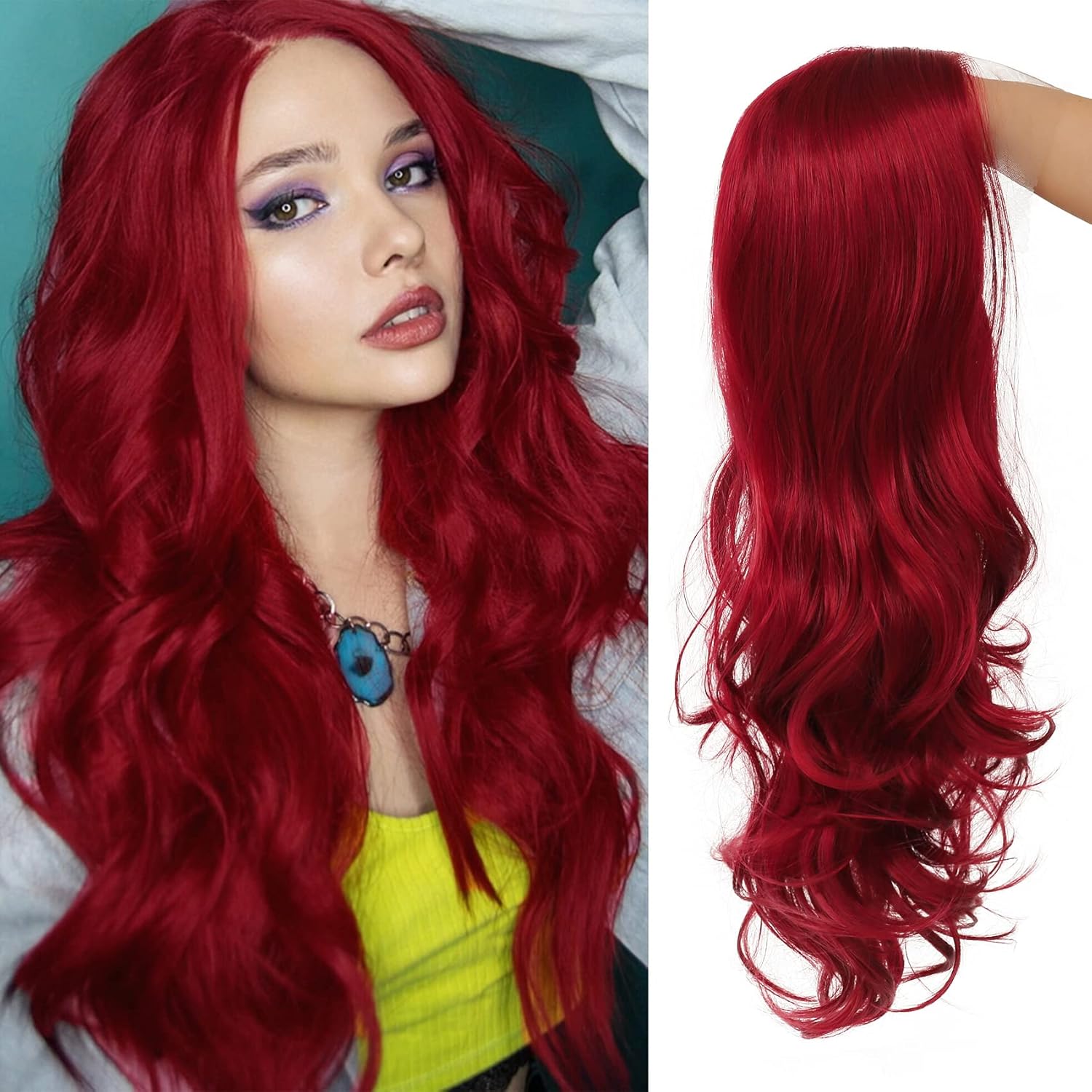 Red Lace Front Curly Wave Long Wigs for Women Heat Resistant Hair Wig Natural Looking Halloween Cosplay Party Wig