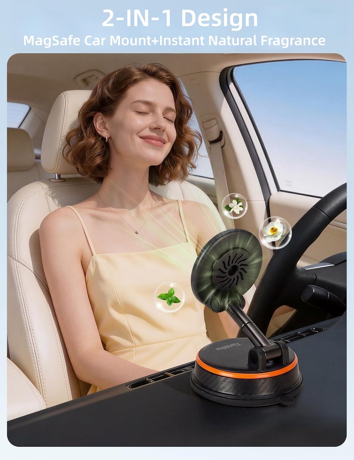 MagSafe Car Mount with Aroma Diffuser, 2-in-1 Magnetic Phone Holder for Car Dashboard, Strong Suction, 360° View, Compatible with iPhone 17/16/15/14/13/12 & All Phones (Orange)