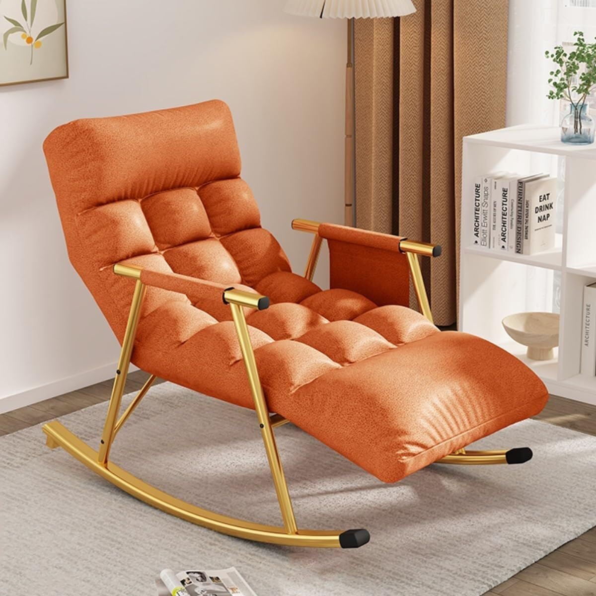 Indoor Rocking Chair Adult Recliner Modern Accent Chair Living Room Chairs Armchair Back Adjustable,Metal Frame Leisure Sofa Rocking Chair(Orange)
