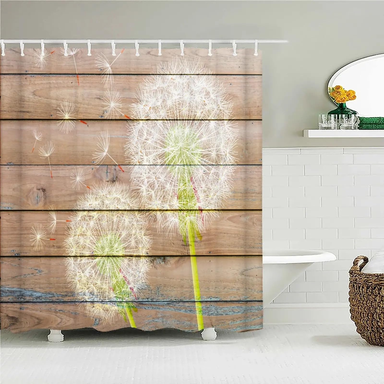 Rideau de douche imperméable motif bois rétro et pissenlit pour baignoire 148x202