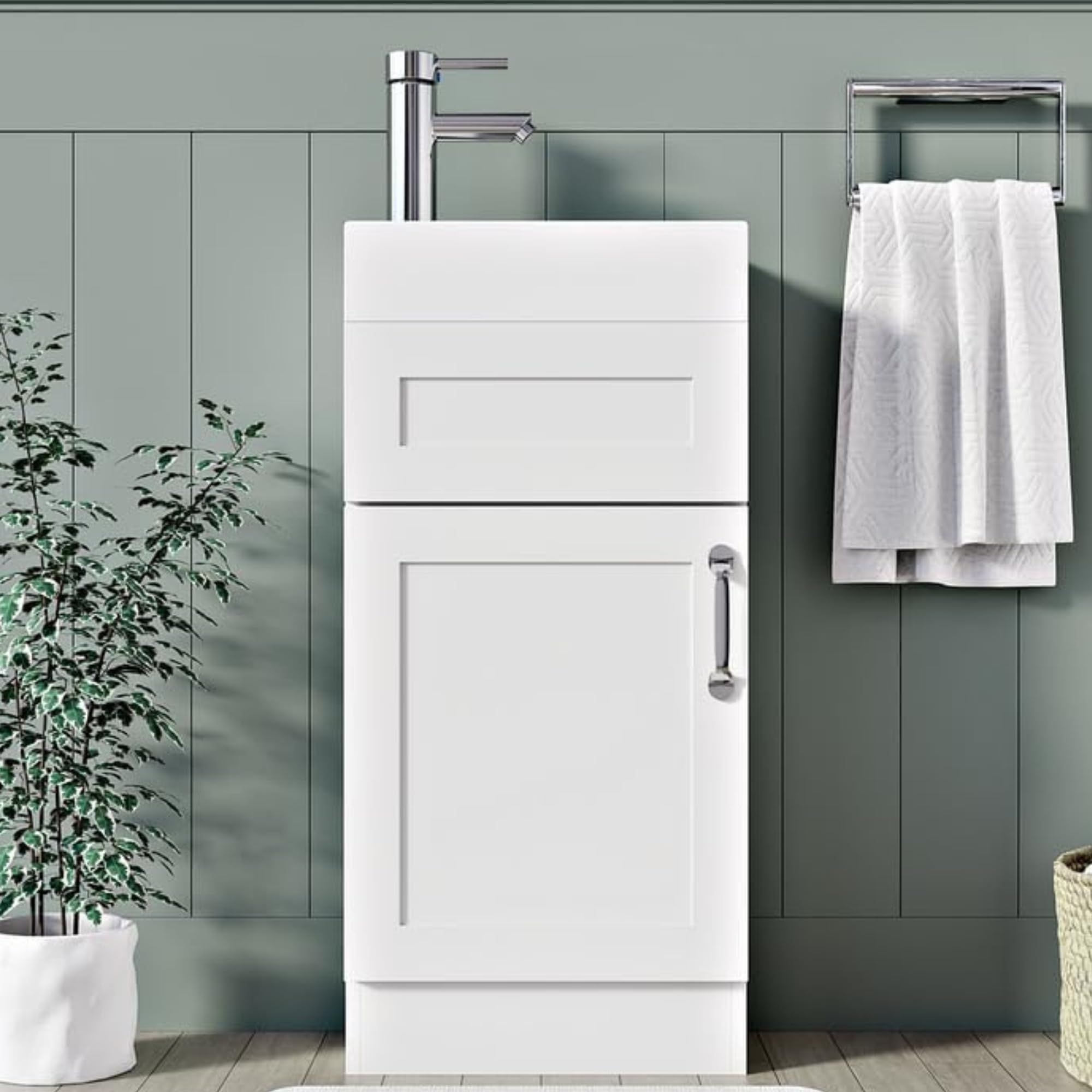 BELOFAY White 400mm Floor Standing Bathroom Vanity Unit With Basin - Lacquered Cloakroom Vanity Unit with 1 Tap Hole and Soft Close Hinges with WASTE (Crawley White.) โ image 1