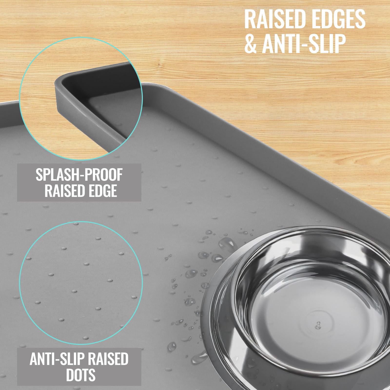 MateeyLife Dog & Cat Food Mat for Floors Waterproof, Nonslip Bowl Mats for Food and Water, Dog Feeding Mats with Raised Edges, Silicone Dog Water Matt Tray for Messy Drinkers, 18"x12", Grey