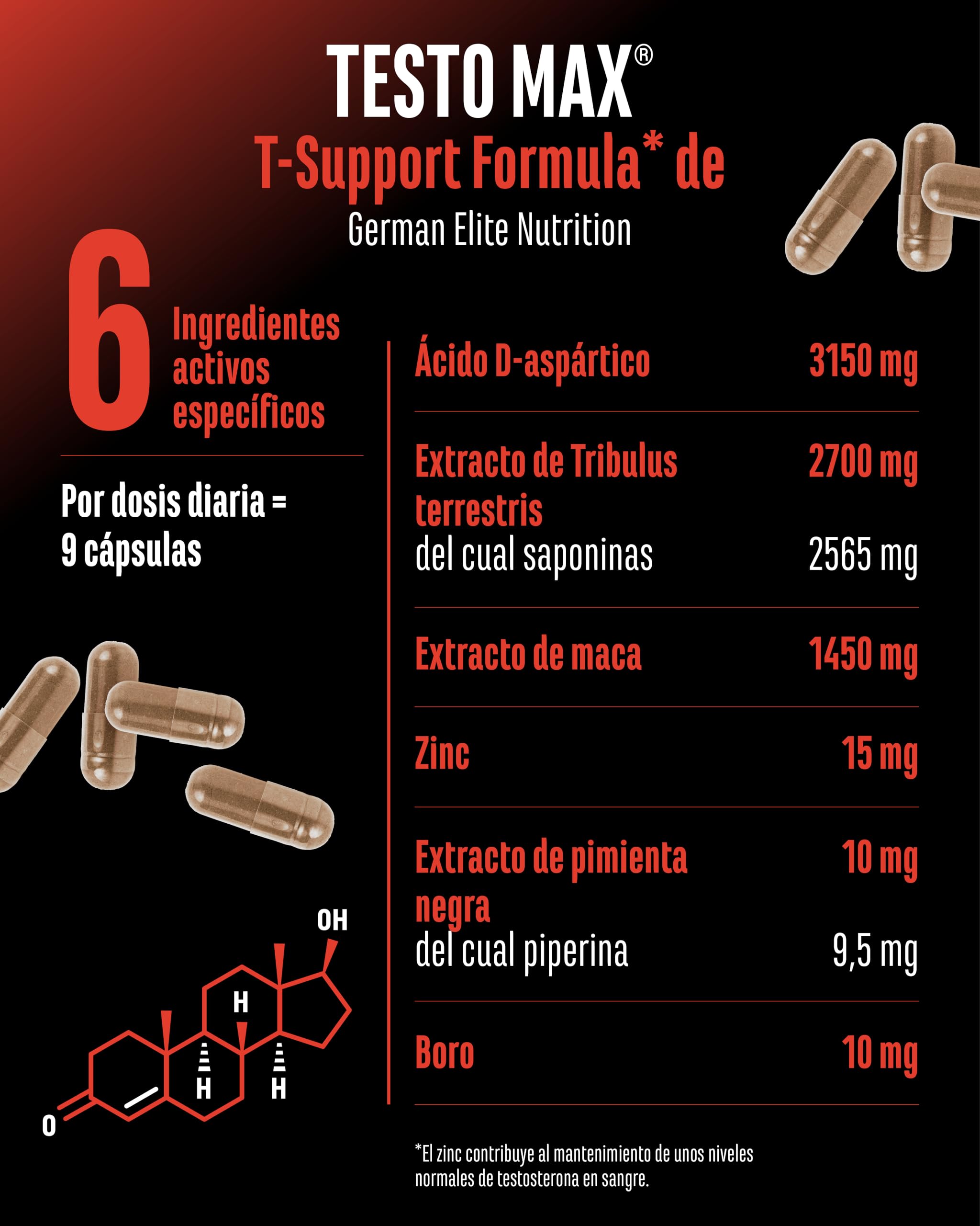 Testo MAX® - 270 Cápsulas - Extra Alta Dosificación con 7323 mg por Dosis Diaria - con Ácido D-Aspártico - Tribulus - Extracto de Maca - Boro - Zinc - Aminoácidos - Vegano