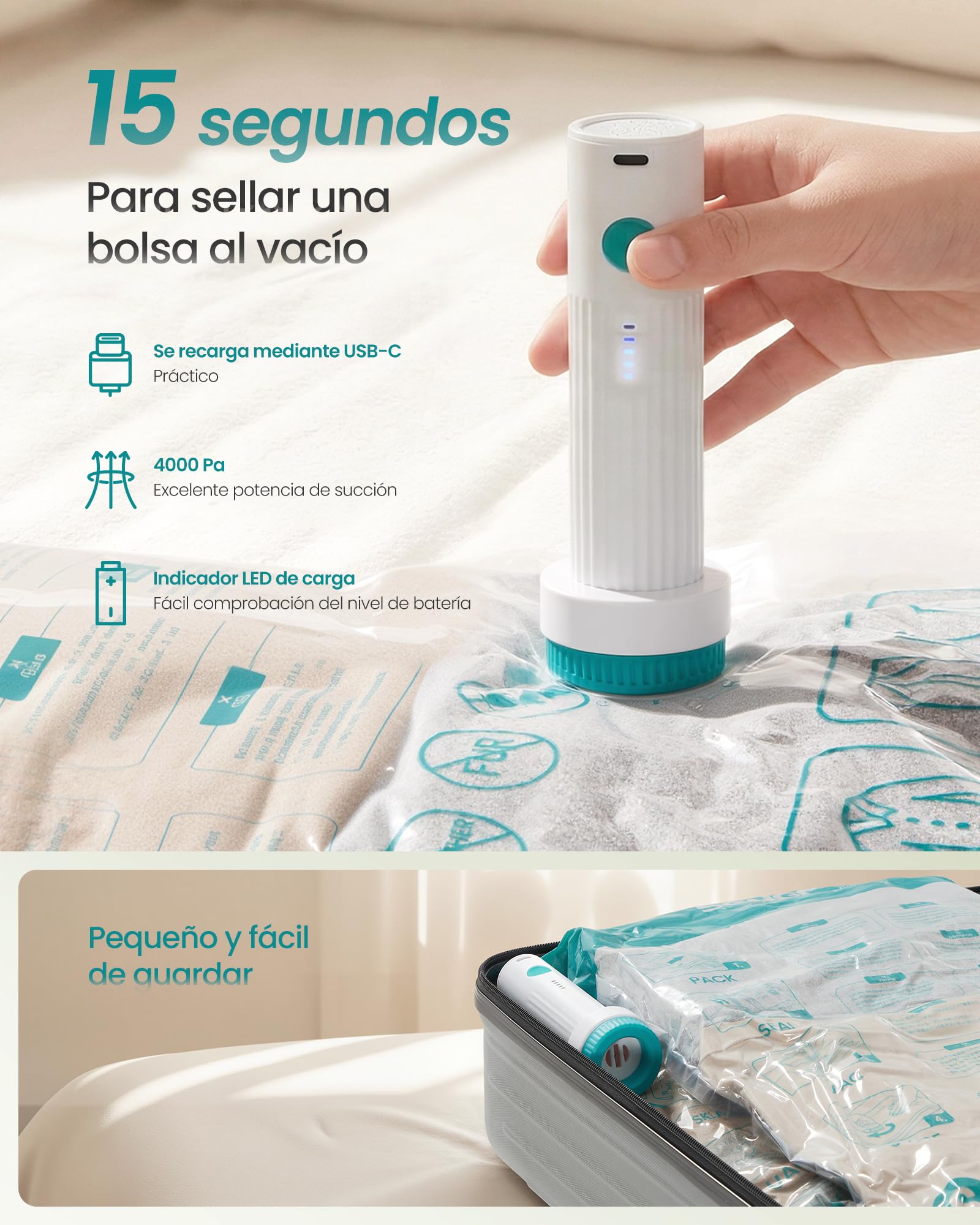 SONGMICS Bolsas de Vacío con Bomba Eléctrica Recargable y Portátil, Bolsas para Ropa, Sábanas, Armarios y Viajes, Compactas y Reutilizables, 15 Piezas, 3M/4L/4J/4X-J, Transparentes LVB204W101 - 5