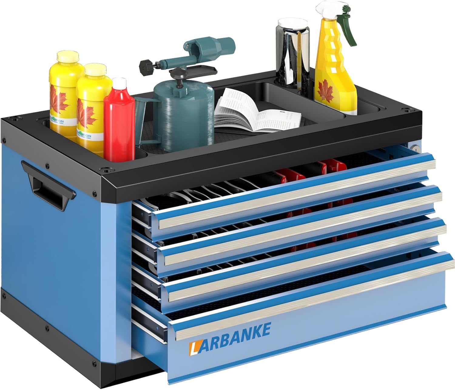 4-Drawer Tool Box with Lock&Keys,Portable Tool Box with Multifunctional Countertop,with Drawer Liner&Connecting Holes, Stacking with Same-Series 5&7-Drawer Tool Chests to Combine a Larger One