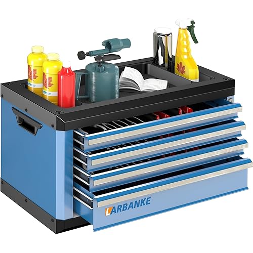 4-Drawer Tool Box with Lock&Keys,Portable Tool Box with Multifunctional Countertop,with Drawer Liner&Connecting Holes, Stacking with Same-Series 5&7-Drawer Tool Chests to Combine a Larger One