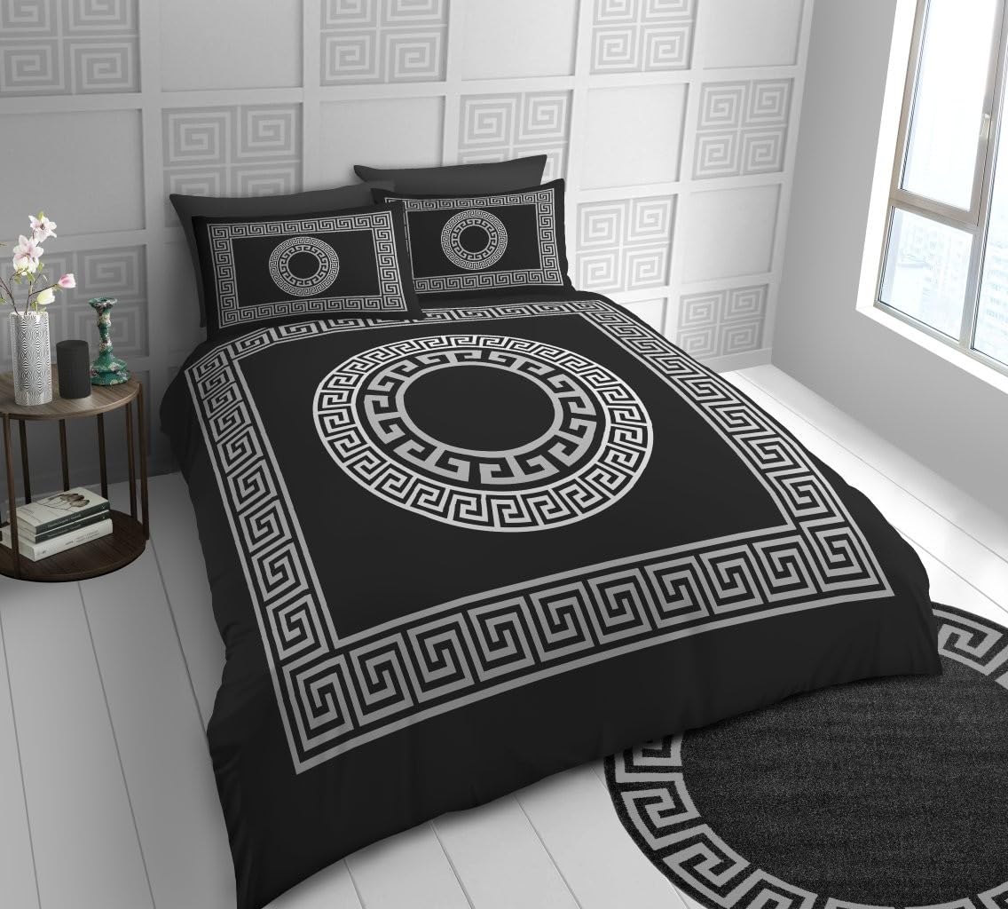 Lions Microfibre Bedding - Reversible Greek Double Bed Duvet Cover Sets with Matching Pillowcase, 100% Polyester Hypoallergenic Quilt Covers, Soft Geometric Pattern, Black - 200x200cm