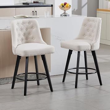 Modern Swivel Bar Stools, 26H Upholstered Counter Height Bar Stool with Back, Mid Century Modern Bar Chair with Solid Wood Legs for Bar, Kitchen, Dining Room, Set of 2, Cream