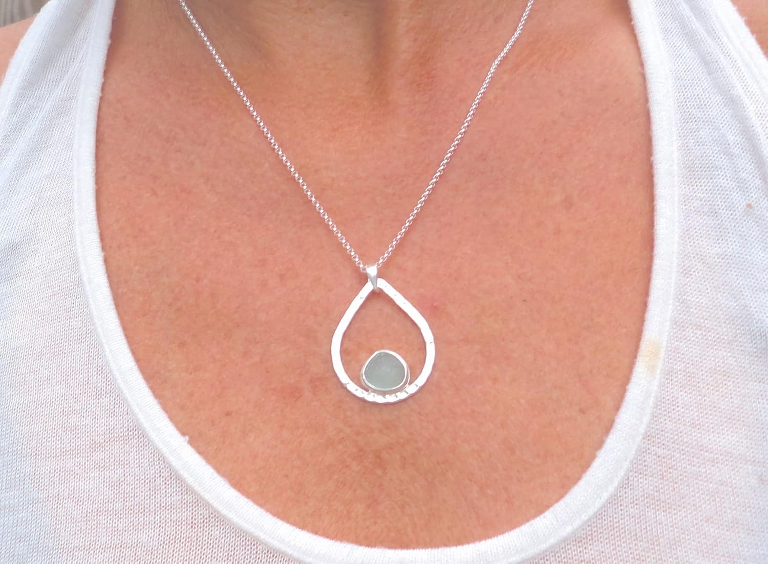 Aqua Bezeled Sea Glass Teardrop Necklace-Sterling Silver Teardrop Pendant with Bezeled Beach Glass-Ocean Necklace for Mermaids-Ready to Give as a Gift