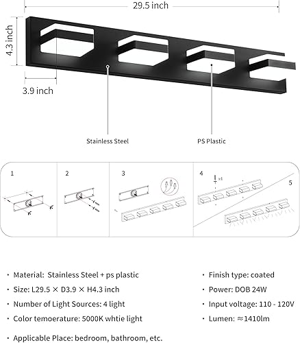 Miniatura 5 de Accesorios de iluminación de baño sobre espejo, 4 luces de tocador de baño con blanco frío de 5000 K, luces LED de pared modernas de color negro