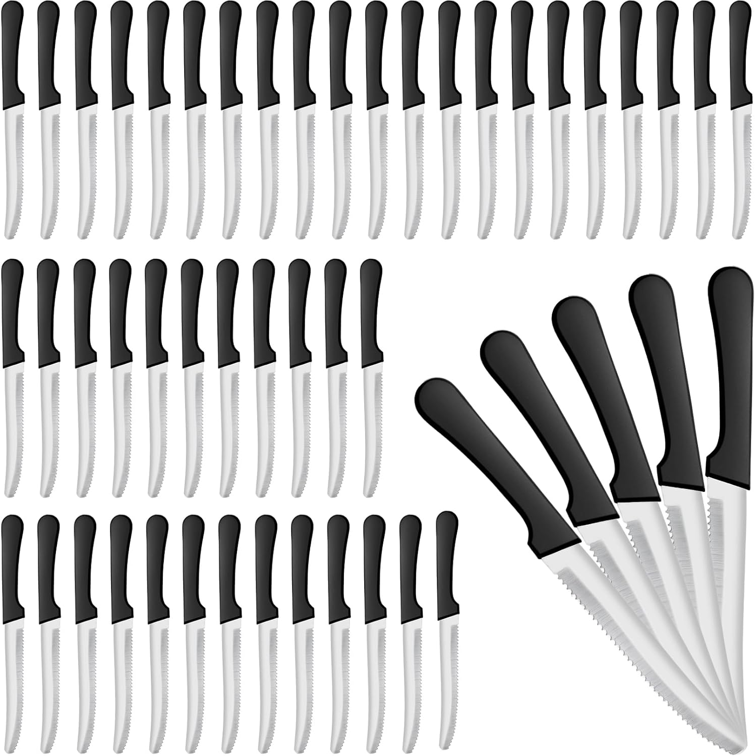 50 Pack Serrated Steak Knives Set,8.5 Inch Stainless Steel Steak Knife,Black Rounded Blade Knives with Plastic Handle, Serrated Edge Dinner Knife for Home Kitchen Party, Dishwasher Safe