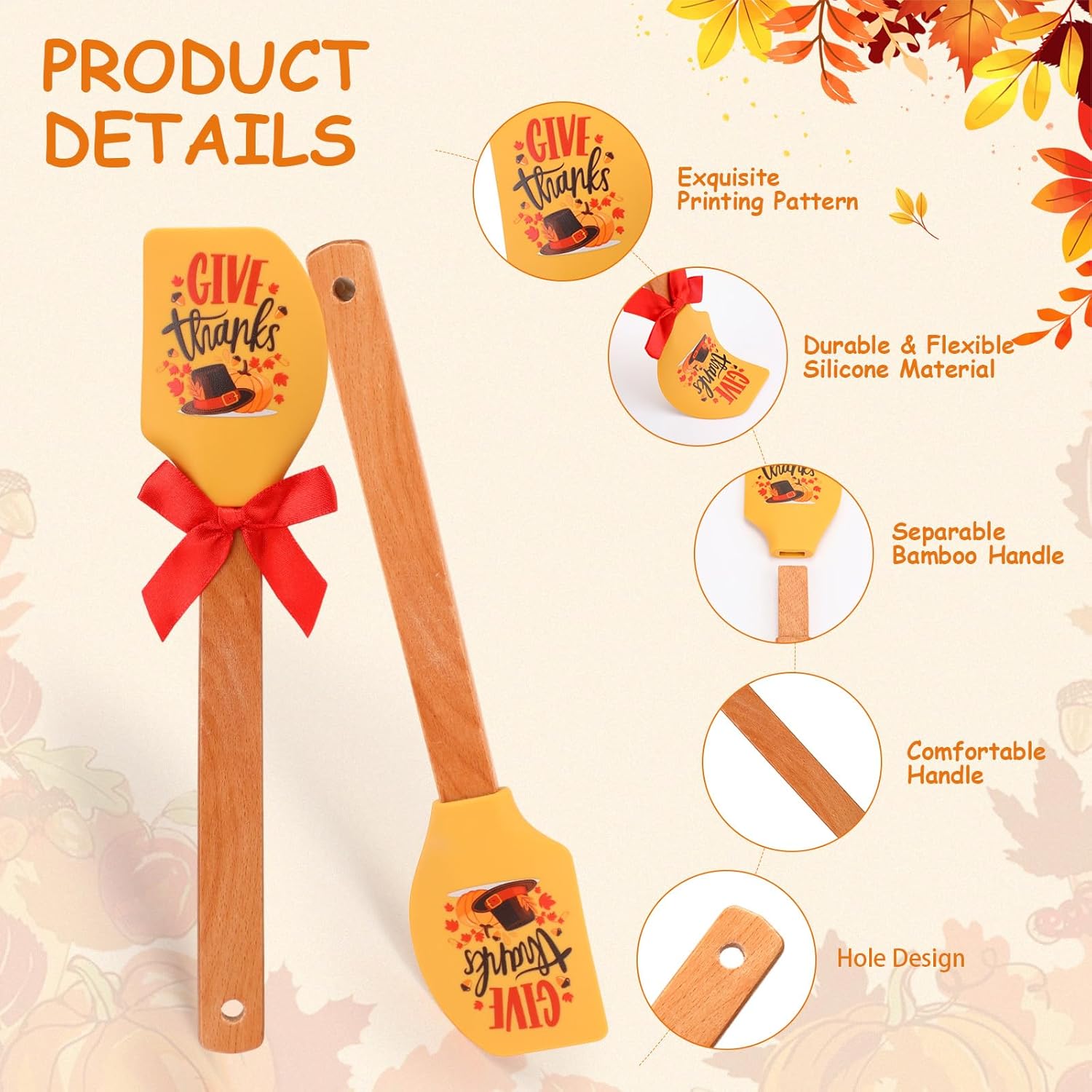 LemonRoad 24 Pack Thanksgiving and Fall Silicone Spatula Gifts, Heat Resistant Scraper Set with Autumn Pumpkin Turkey Designs Wooden Handle Bow Kitchen Cooking Baking for Fall Party Decorations