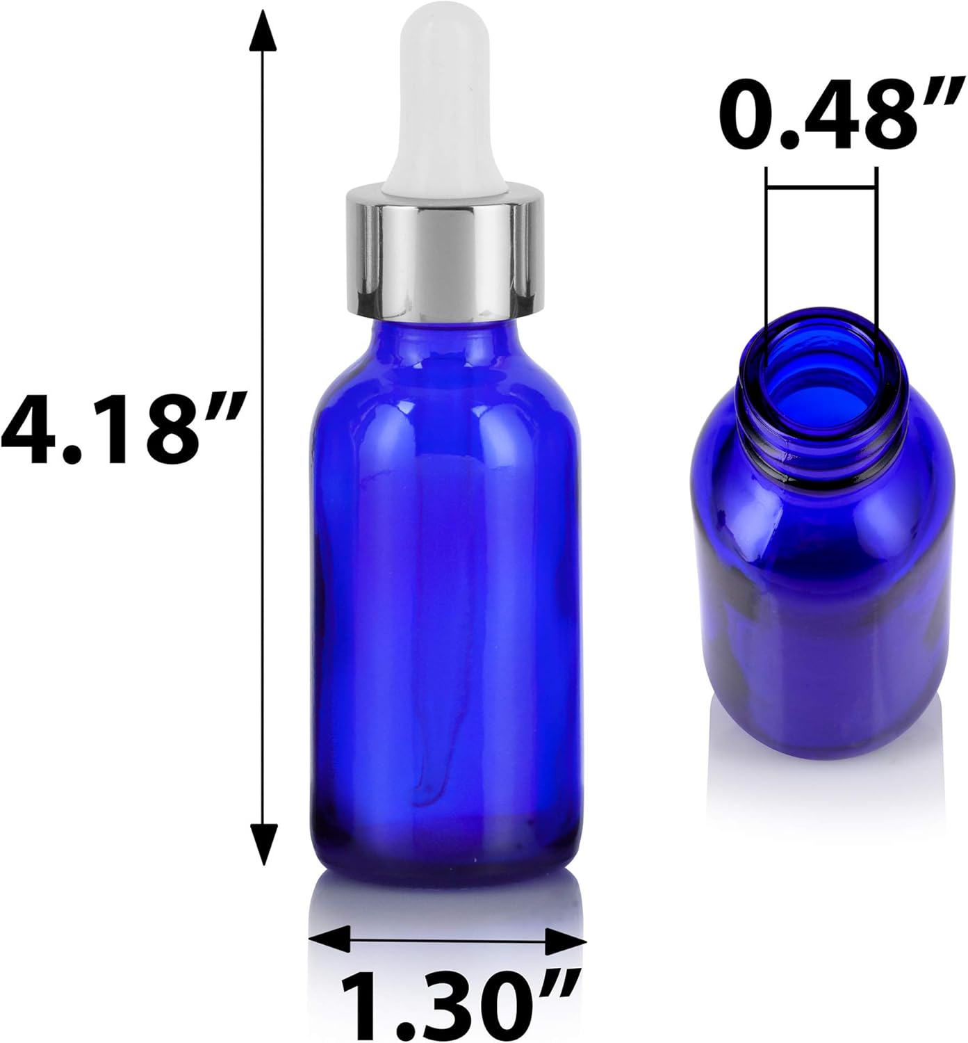 JUVITUS 1 oz Cobalt Blue Glass Boston Round Bottle with Silver Metal Dropper (24 Pack) + Funnel
