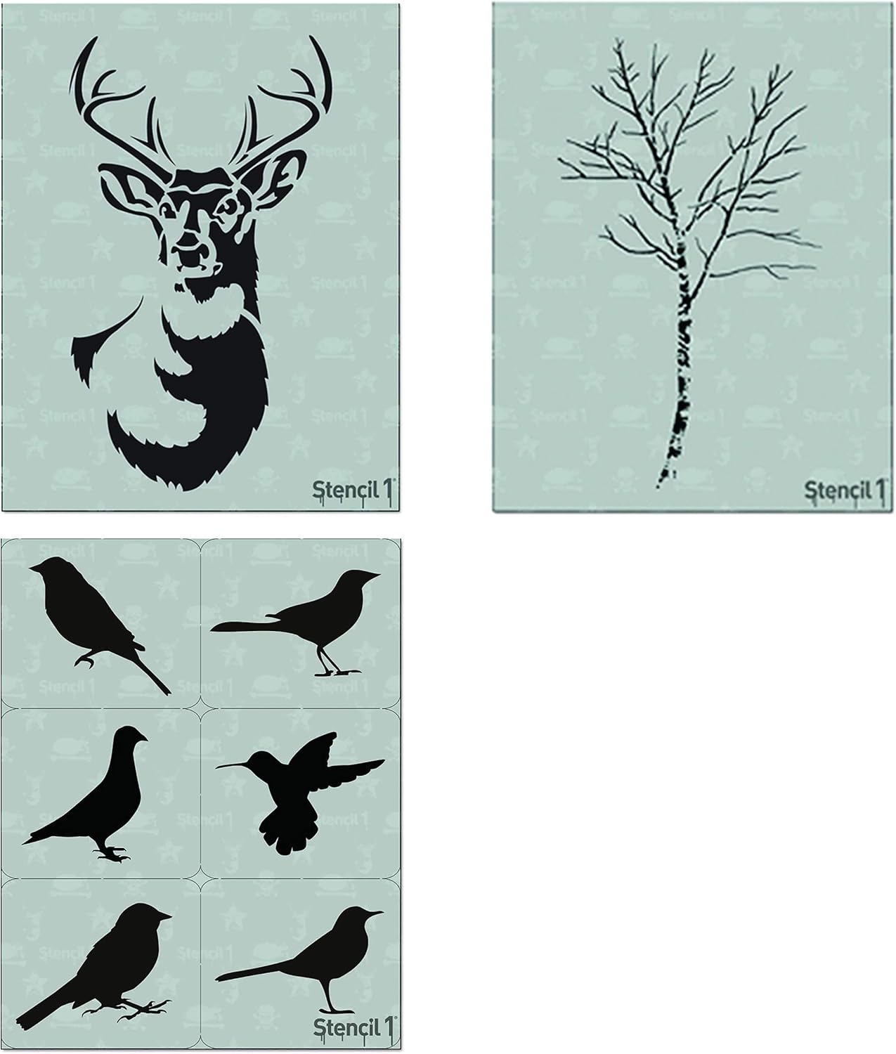 Fall Favorites 3 Pack Stencil Set - Contains: Antlered Deer Stencil, Birch Tree Stencil and 6 Pack Bird Silhouettes Stencil, Laser Cut Mylar Each Stencil 8.5” x 11” by Stencil1