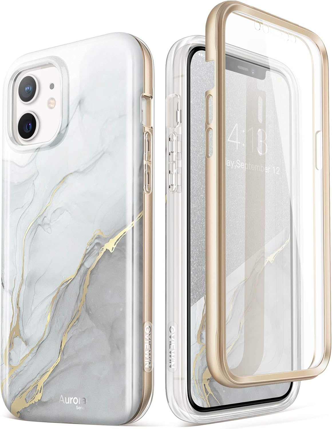 GVIEWIN Compatible with iPhone 12 Case or iPhone 12 Pro Case 6.1 Inch, [Built-in Screen Protector] [Full-Body Protection] Marble Stylish Cover Slim Shockproof Protective Phone Case (Blanco/Grey)