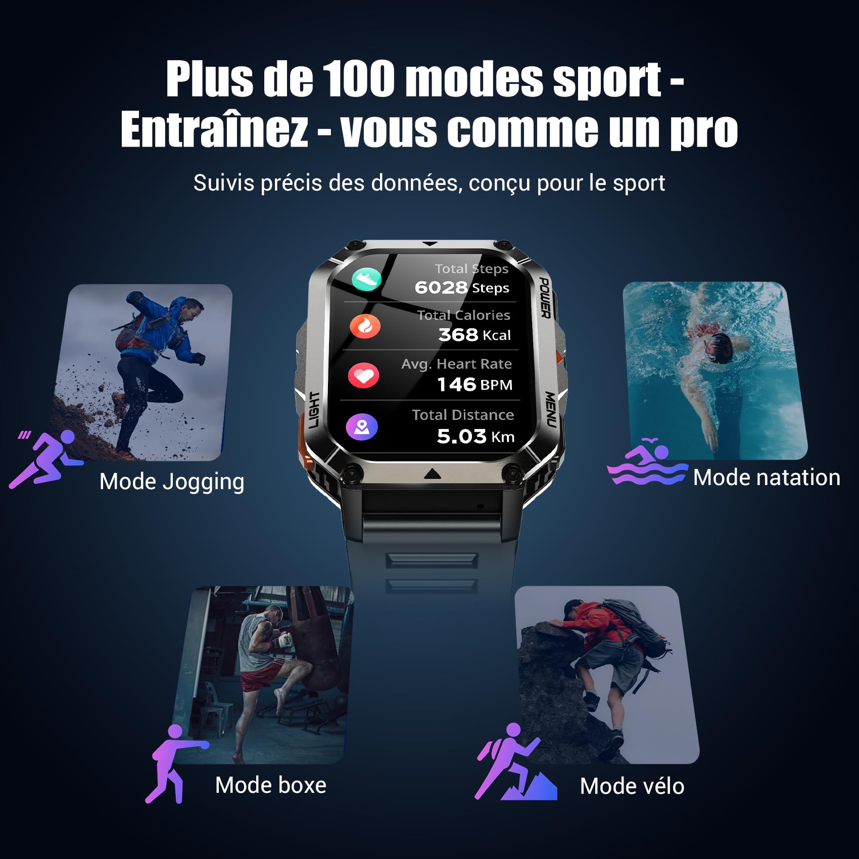 IOWODO Montre Connectée Homme 2026 | Écran 2,01" Autonomie 100 Jours | Lampe Torche LED Boussole | 100+ Modes Sportifs | Indice Protection IP68 Conformité aux Normes Militaires