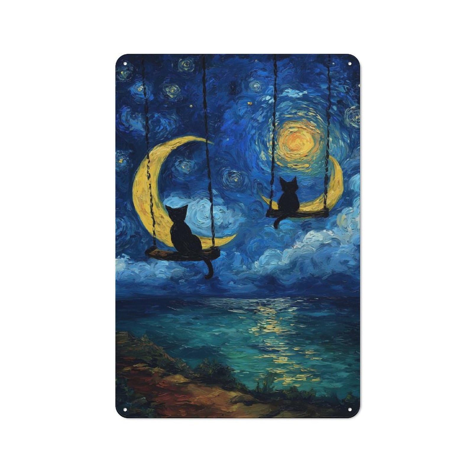 Junmoney Cats On Moon Swings Painting For Café Or Restaurant, Vintage Metal Sign 30X20cm, For Vintage Wall Decor Fans, For Cafés, Pubs And Restaurants