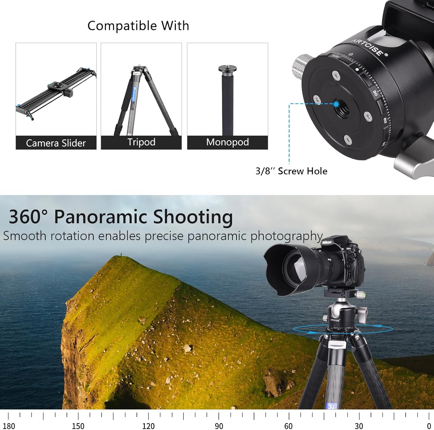ARTCISE 50mm Low Profile Ball Head Tripod Head Heavy Duty CNC Aluminum Alloy Camera Ballhead with Arca-Swiss QR Plate U-Notch Vertical Shooting Bubble Level 55lbs Load for DSLR Camera Tripod Monopod