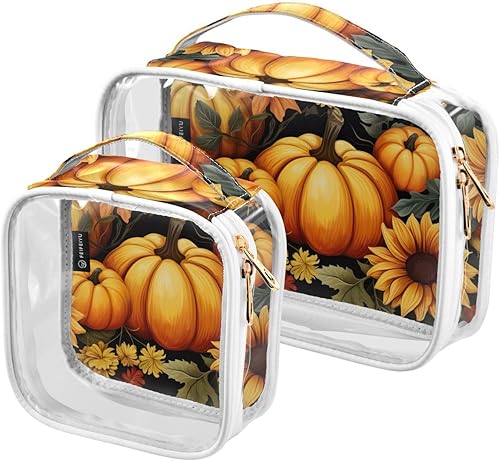 Miniatura 2 de Bolsa de aseo transparente de girasol de calabaza otoñal para viajar, paquete de 2 bolsas de cosméticos de maquillaje con cremallera, bolsa de viaje