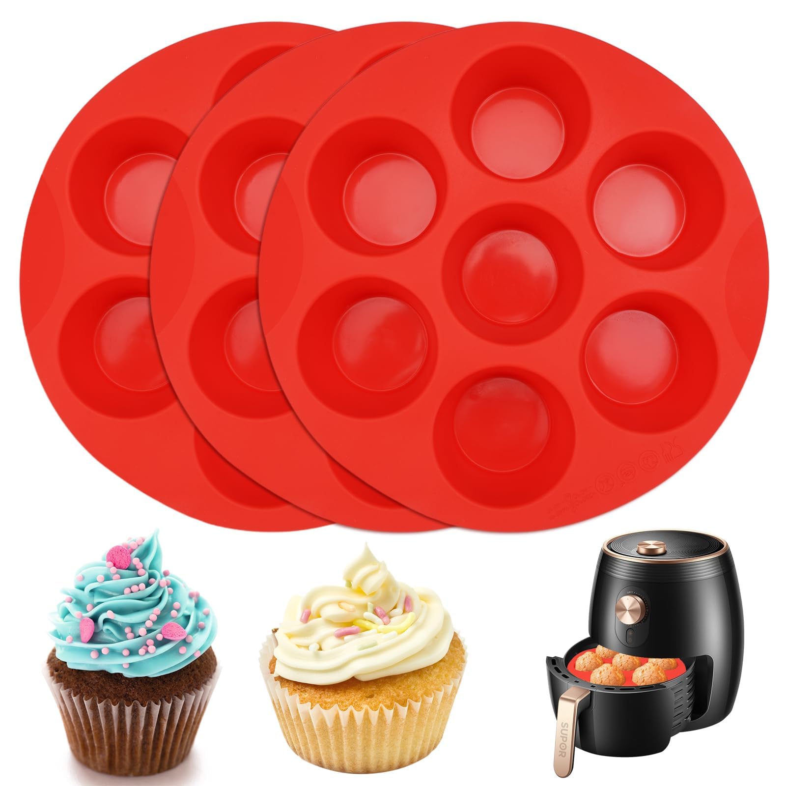 3Pcs Silicone Muffin Trays, 7 Cup Deep 5.8 cm Air Fryer Muffin Tray