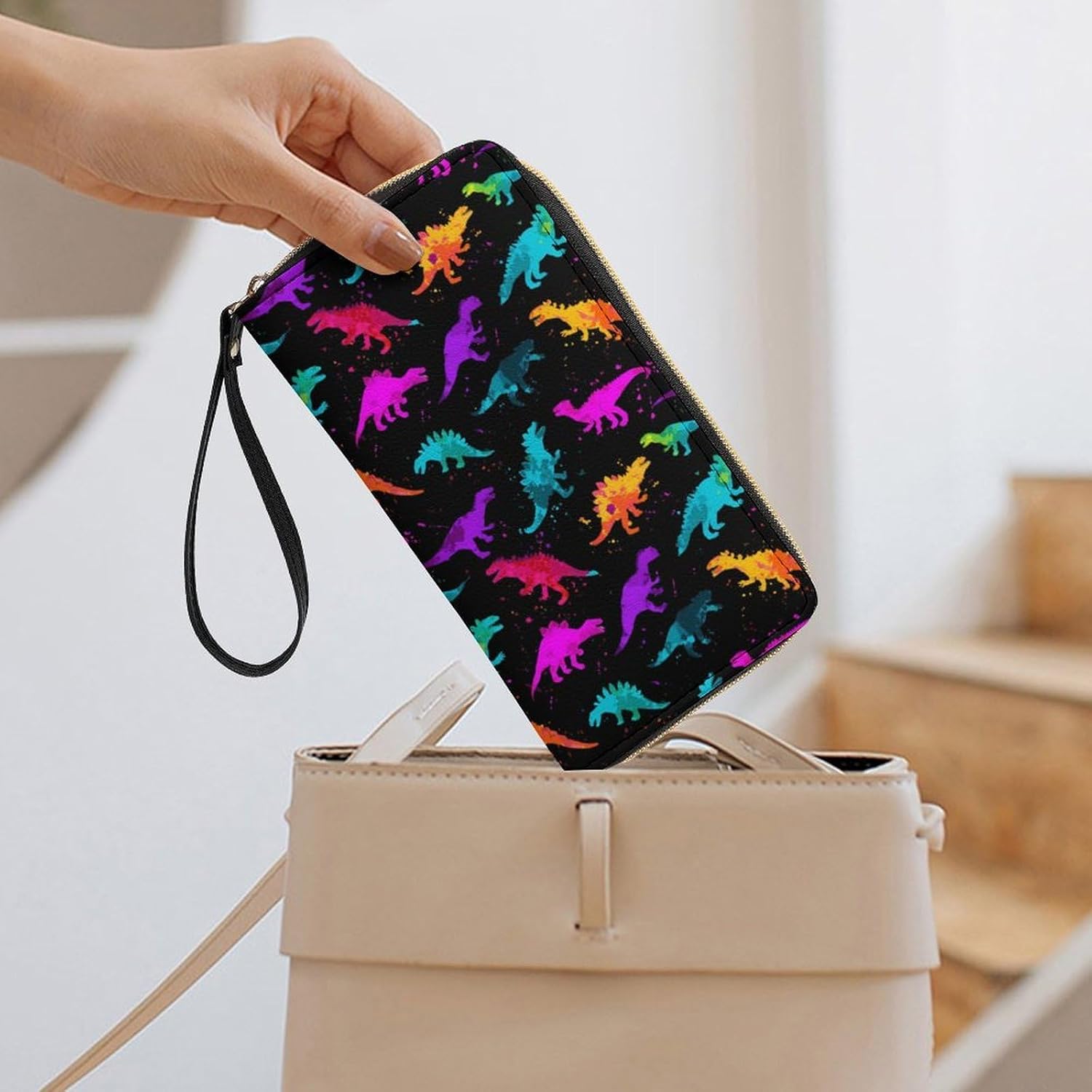 Colorful Neon Dinosaurs Long Zippered Pouch Large Clutch Cash Wallet with Rope Handle for Men Women