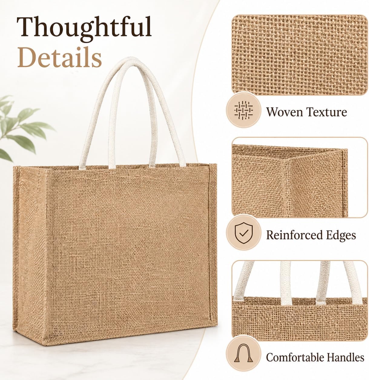 RAINFLOW Burlap Tote Beach Bag - Jute Bags with Handles Medium Straw Beach Bag 13x9.4x4.7inch Reusable Tote for Shopping, Travel, Swim Perfect as Bridesmaid Gift, DIY Craft Bag Practical Gift Option