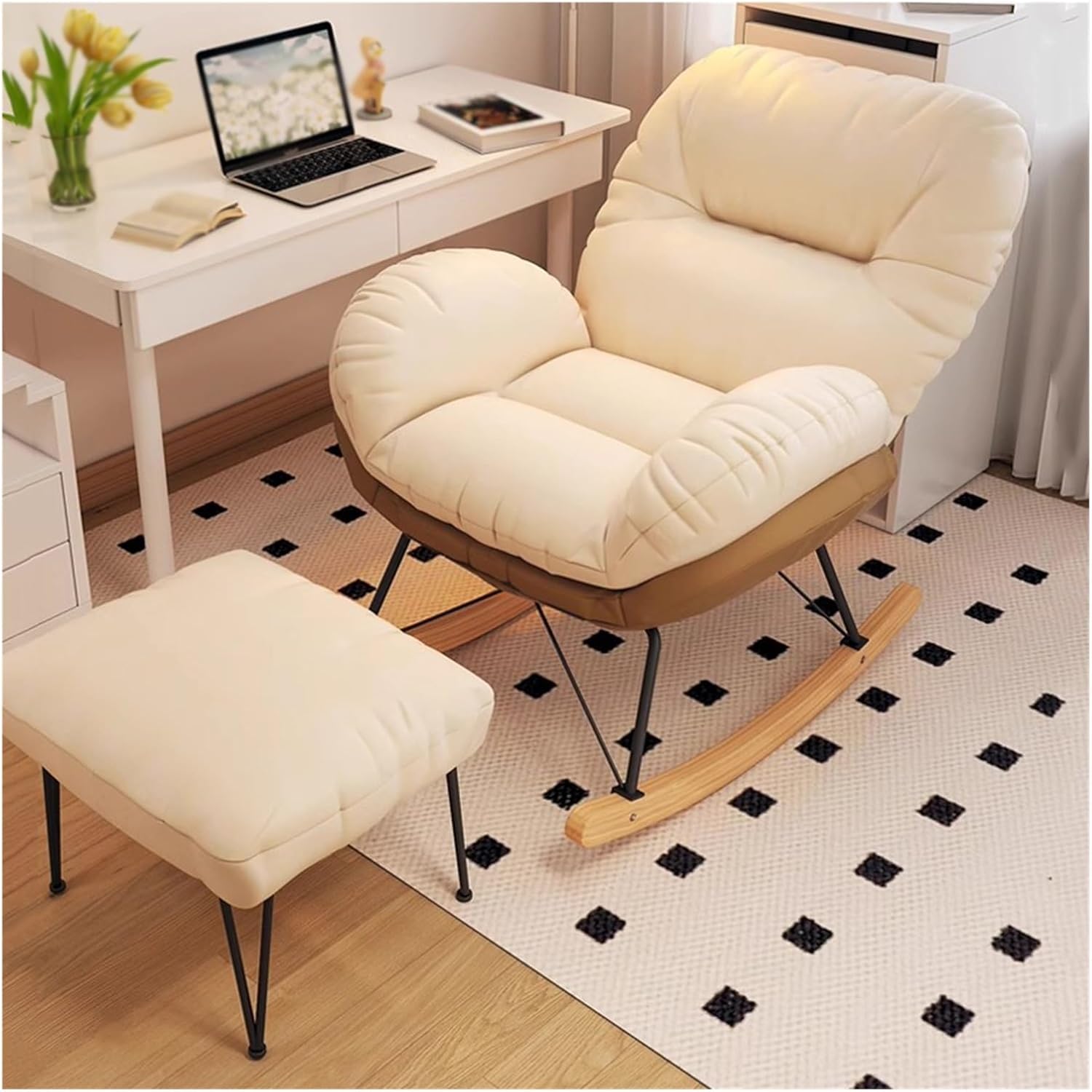 Rocking Nursing Chairs with Stool,Mid Century Fabric Rocking Chair Padded Seat,Leisure Sofa Rocking ​Glider Rocker Relax Chair for Living Room Nursery(Cream)