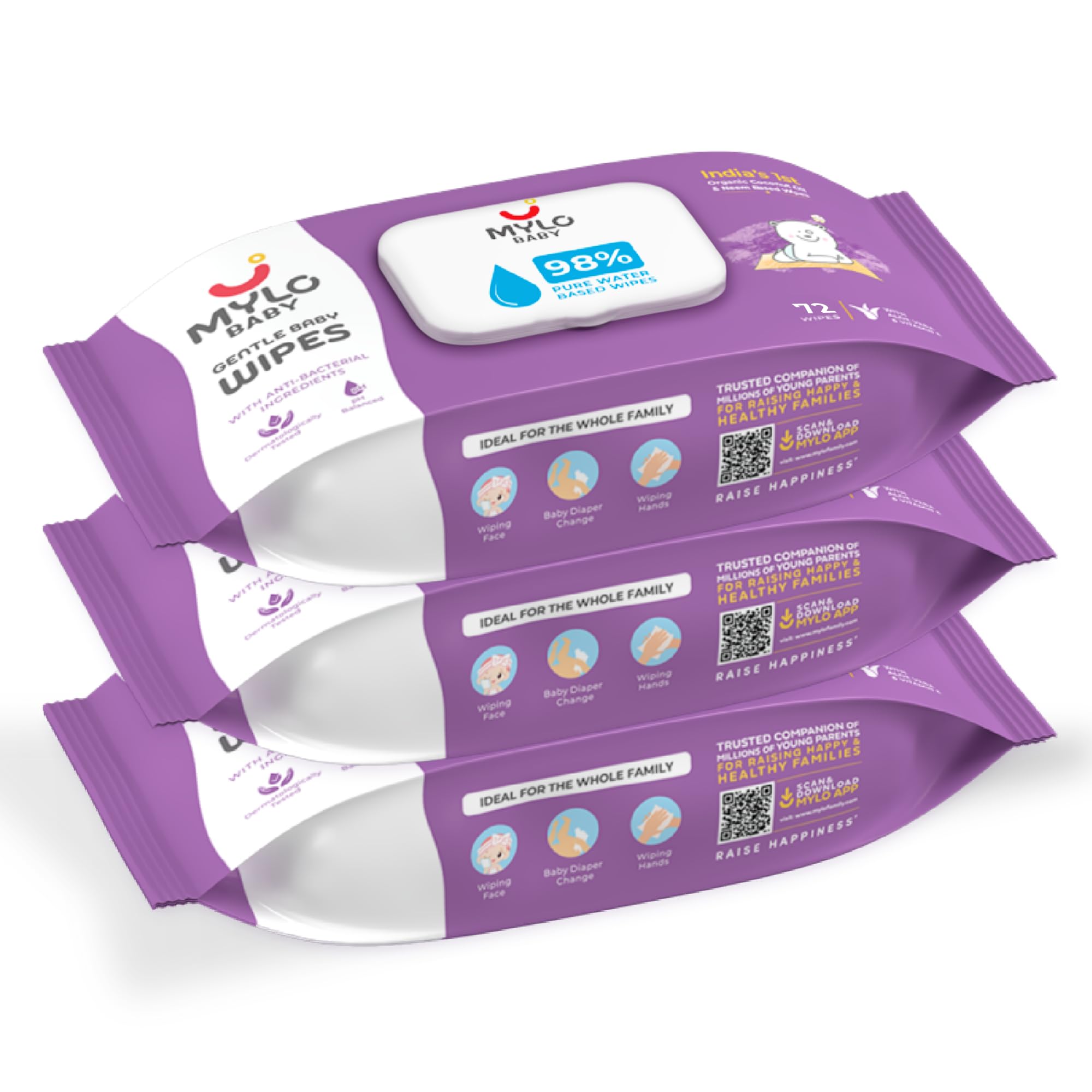 Mylo Gentle Baby Wipes with Lid (72 Wipes x 3 Pack - 216 Water Wipes) | Natural Wet Wipes with Organic Coconut Oil & Neem| Cotton Cloth with Extra Thick