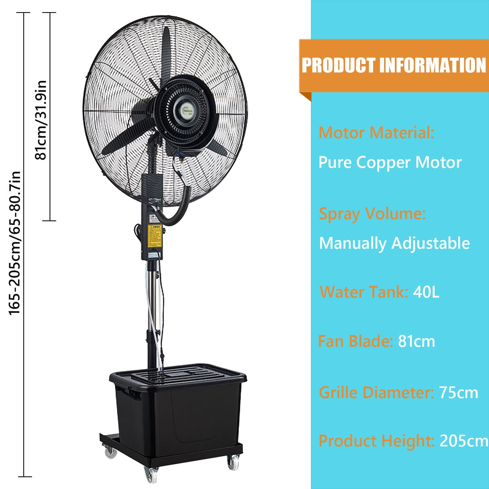 Ventilatore nebulizzatore per esterni, portatile, regolabile in altezza, ventilatore a piedistallo oscillante a 90°, con serbatoio da 42 litri, per campeggio e patio