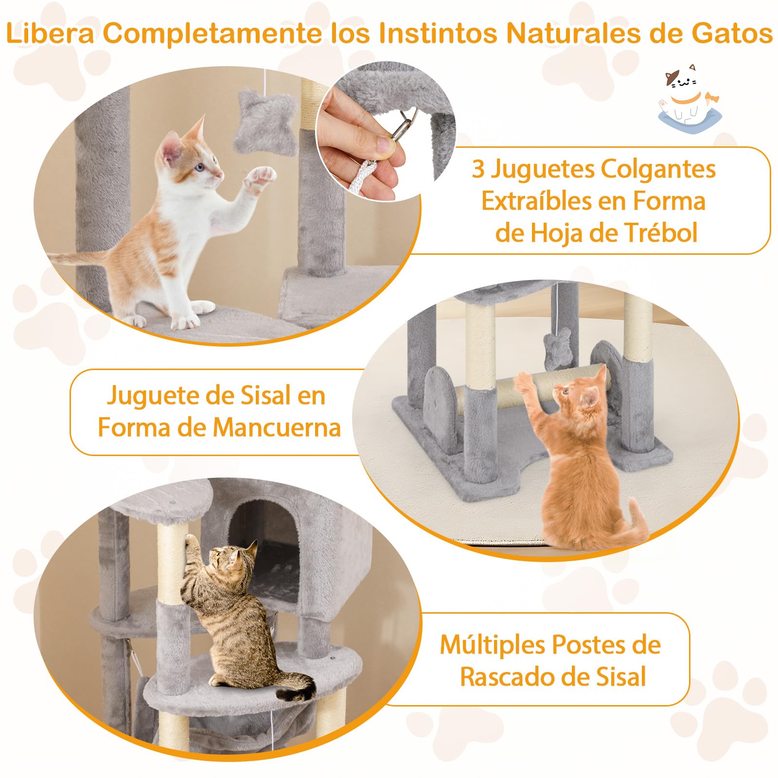 COSTWAY 176cm Árbol para Gatos, Rascador para Gatos con Perchero Superior, Cesta Cama, Hamaca, Poste para Rascar, Plataformas y Juguetes Colgantes, Centro de Actividades para Gatos