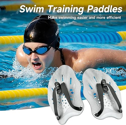 Miniatura 3 de Paletas de natación de contorno para la mano para entrenamiento de natación con correas ajustables para mujeres y hombres gris, H-Negro, High-Blue,