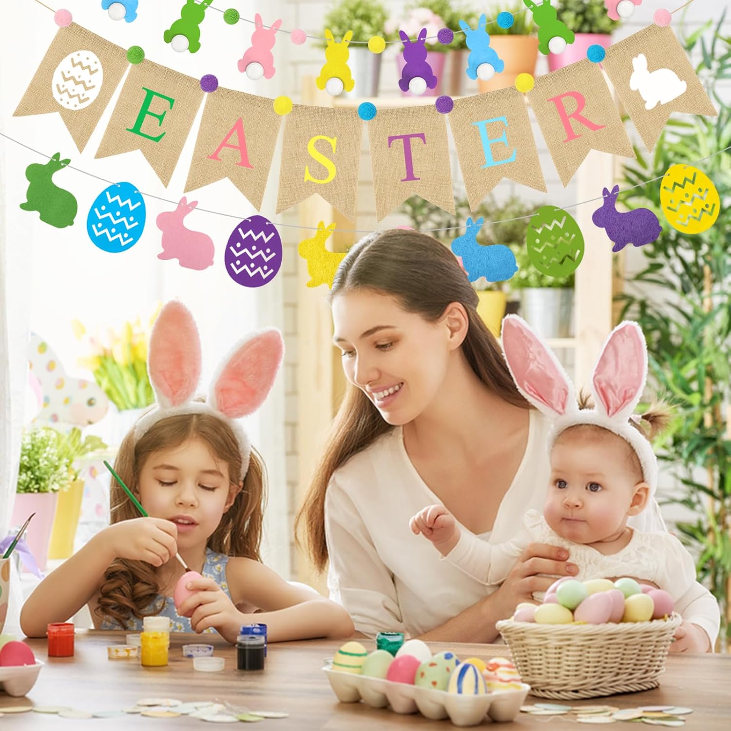 Ouddy Life 5Pcs Happy Easter Burlap Banner, Easters Felt Ball Bunny Garland with Pom Poms for Happy Easter Decorations Home Spring Farmhouse Mantle Office Party Kids Egg Hunts Indoor Outdoor Decor