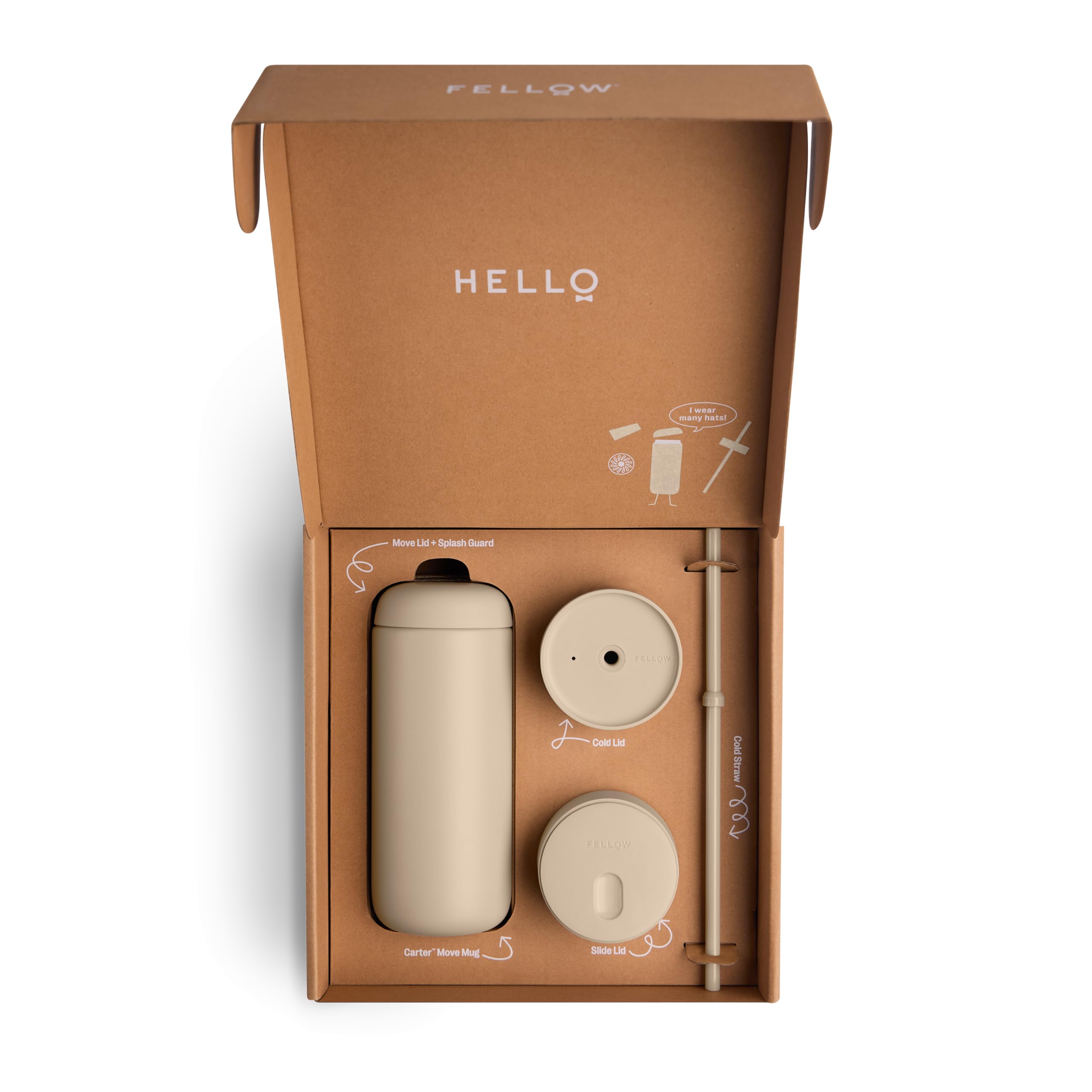 Fellow Tasse de voyage 3 en 1 avec fermeture coulissante, couvercles Move & Cold avec paille – Tasse à café à emporter – Intérieur en céramique et acier inoxydable isolé sous vide – Tasses à café