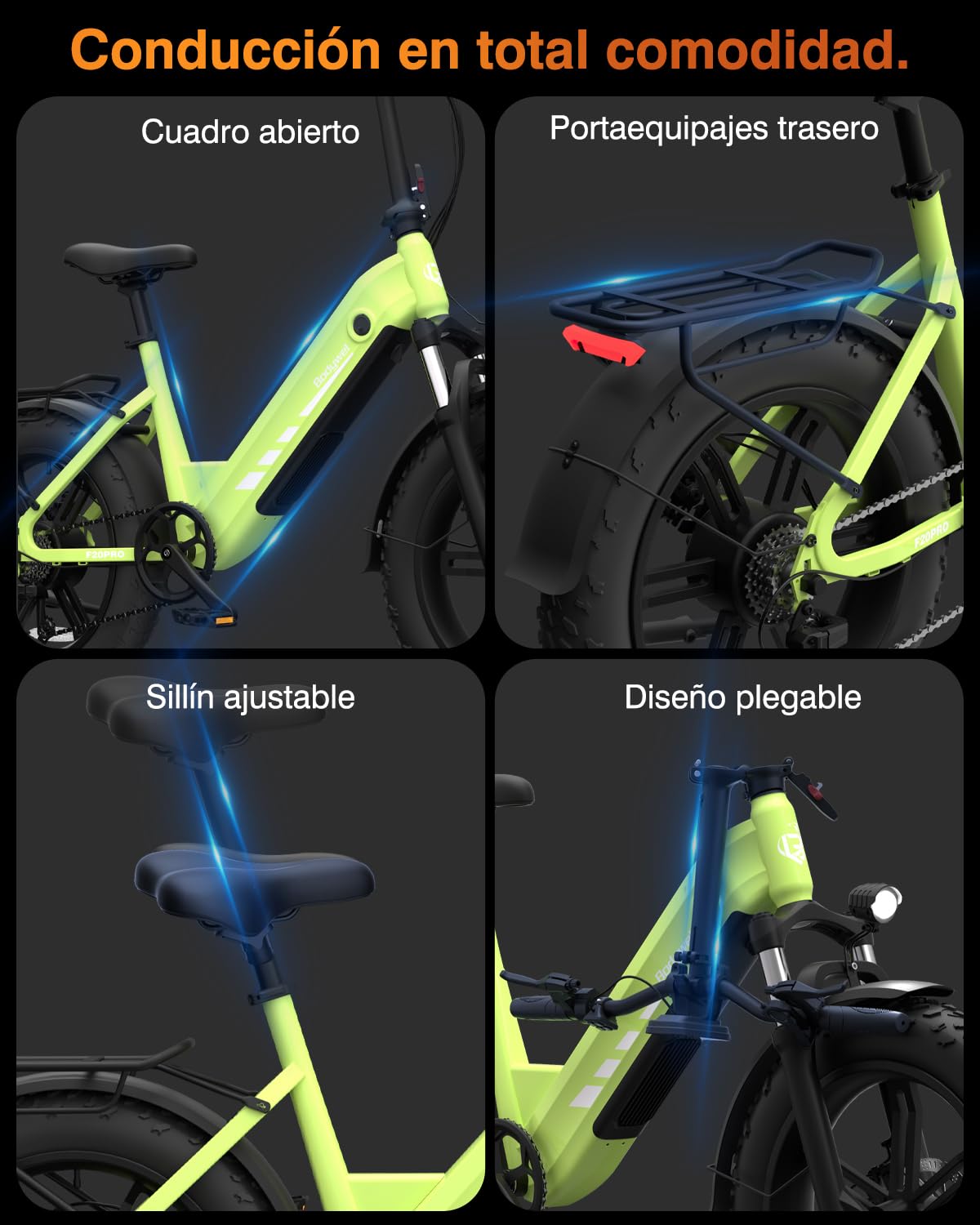Bodywel F20Pro Bicicletas Eléctricas Adultos, 20x4” e-Bike Todo Terreno, Batería 48V 20Ah, Motor Bafang 250W, 7 Velocidades, Suspensión Ajustable, Frenos de Disco Doble- Plegable
